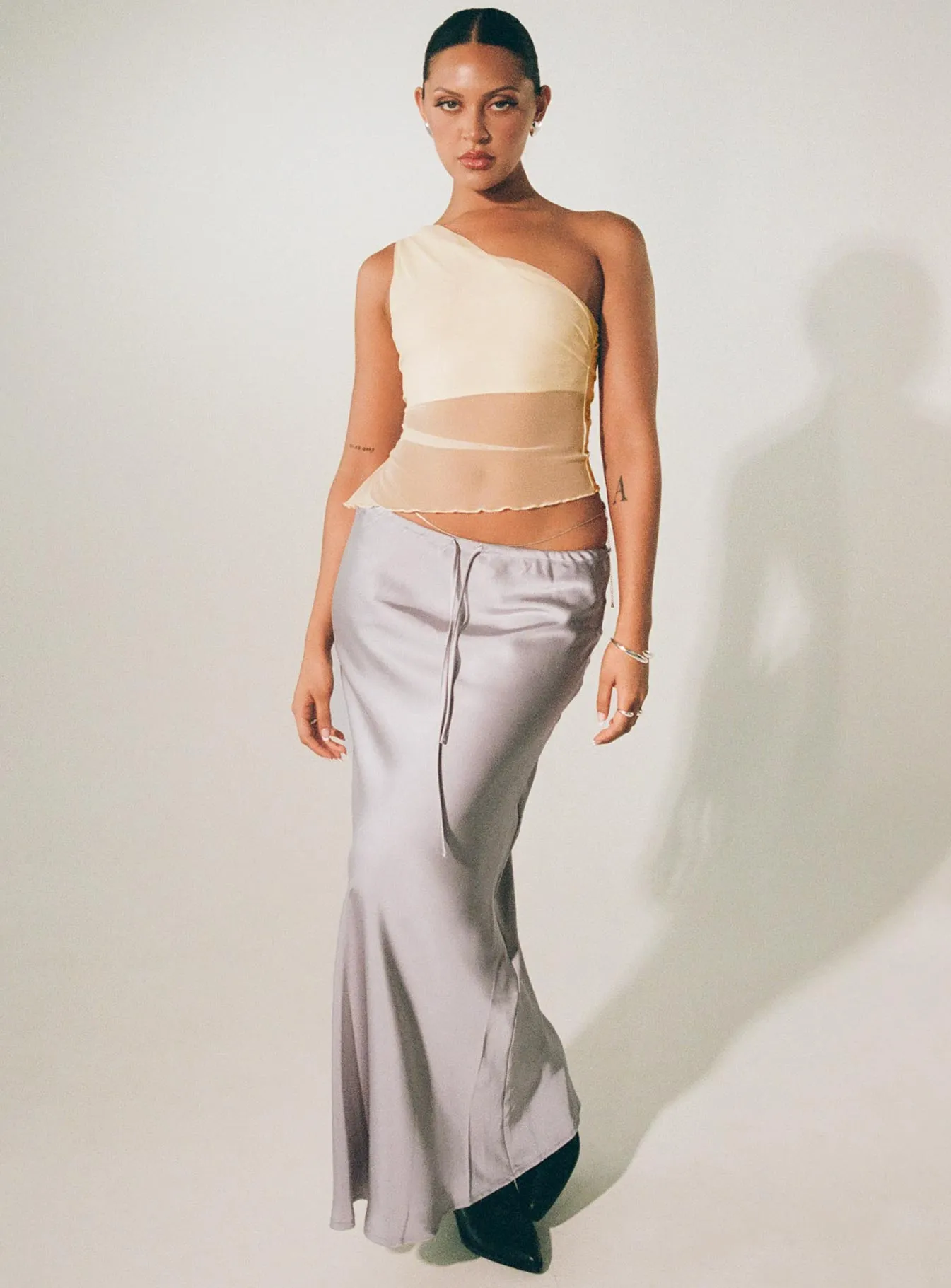 Lolie Bias Cut Midi Skirt Oyster color block Knee Length