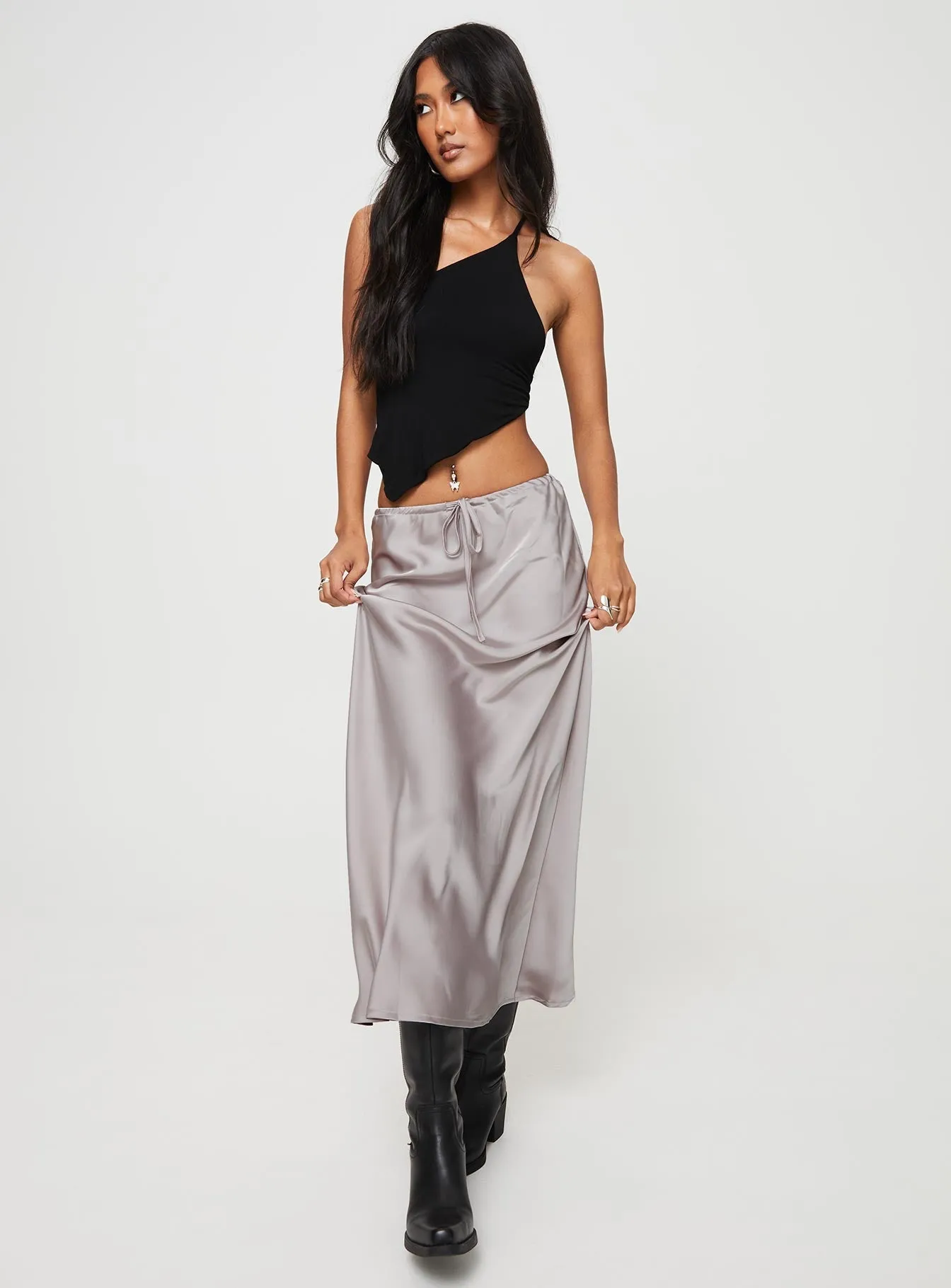 Lolie Bias Cut Midi Skirt Oyster A Line Silhouette
