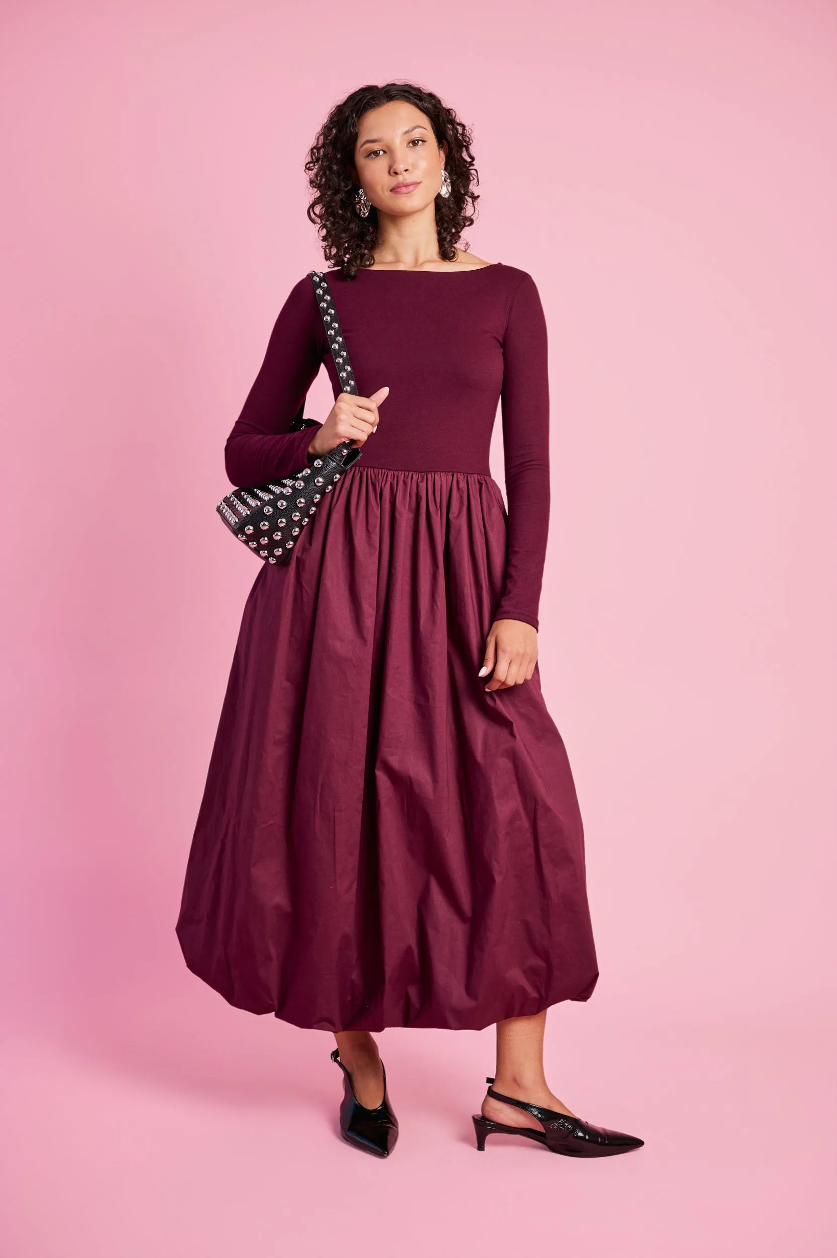 Contemporary Design Casual Smart Long Sleeve Combo Dress in Burgundy