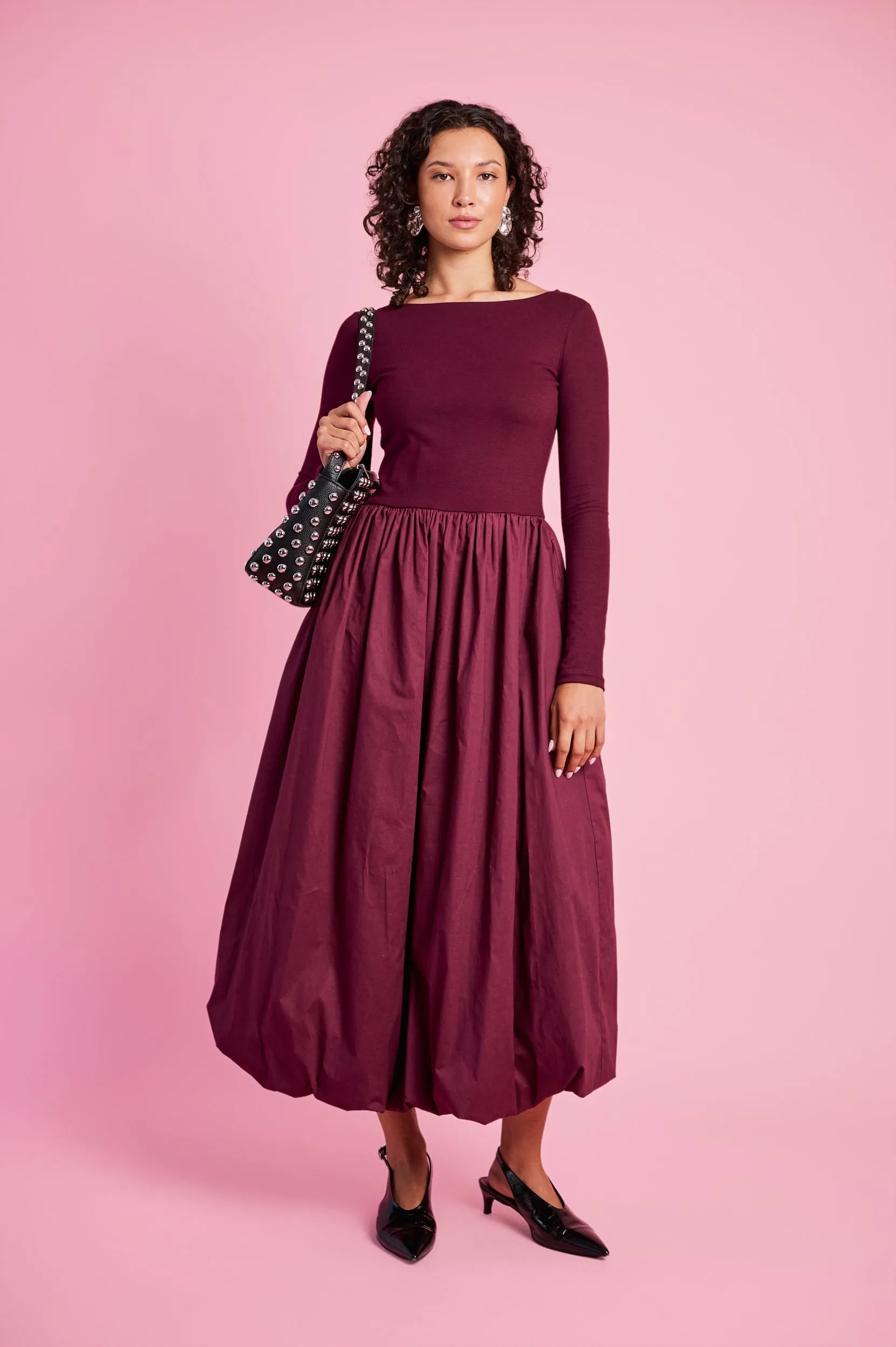 Love Soft Chic and Flattering Long Sleeve Combo Dress in Burgundy