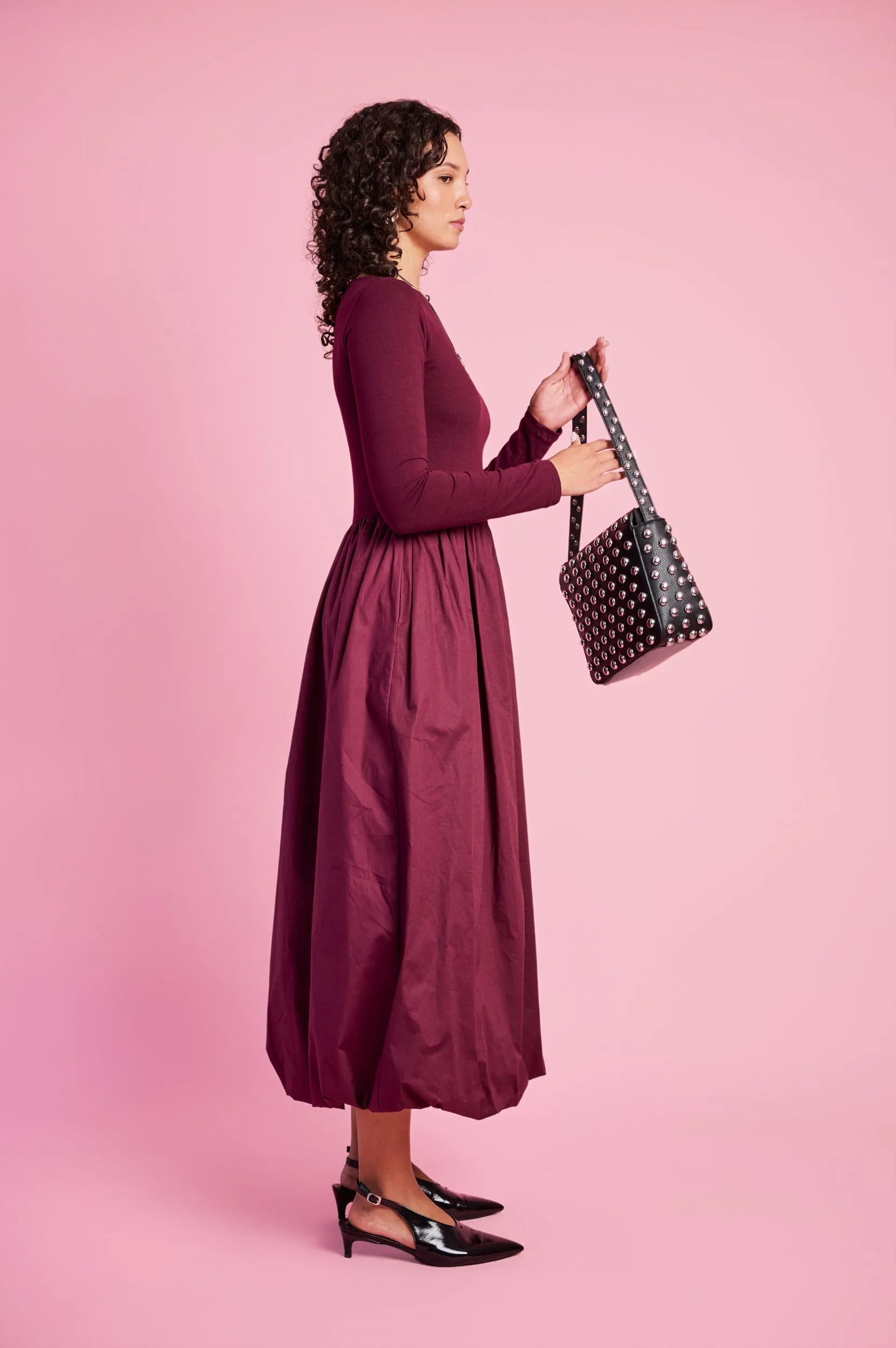 Relaxed Design Balanced Tone Long Sleeve Combo Dress in Burgundy