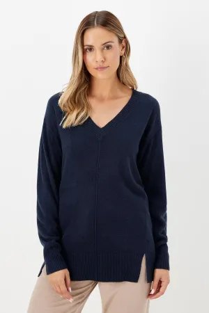 Long V Neck Jumper Side Splits Recycled Polyester Blend Eco Conscious Production