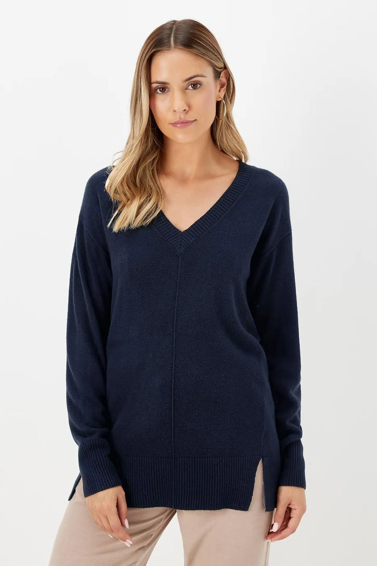 Long V Neck Jumper Side Splits Recycled Polyester Blend Eco Conscious Production