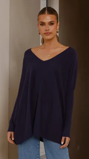 Amalia Knit Top - Navy Natural Fiber Blend