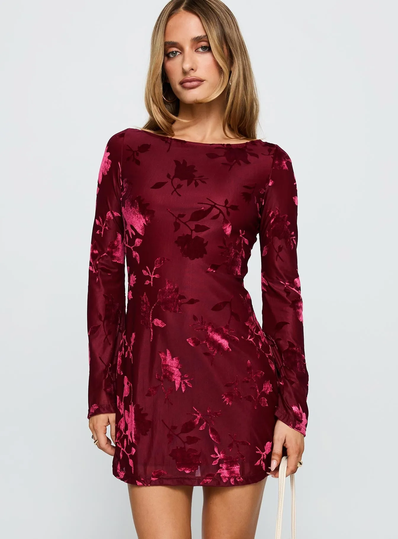 Versatile Comfort Wear Lukea Long Sleeve Mini Dress Burgundy Burnout