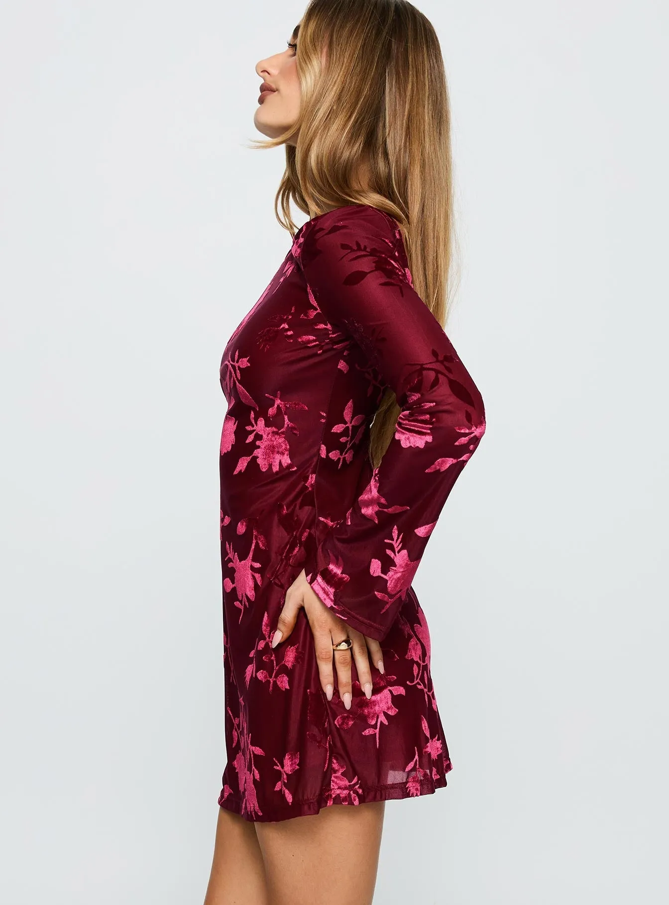 Lukea Long Sleeve Mini Dress Burgundy Burnout Comfort Waist Fit Silk Flow