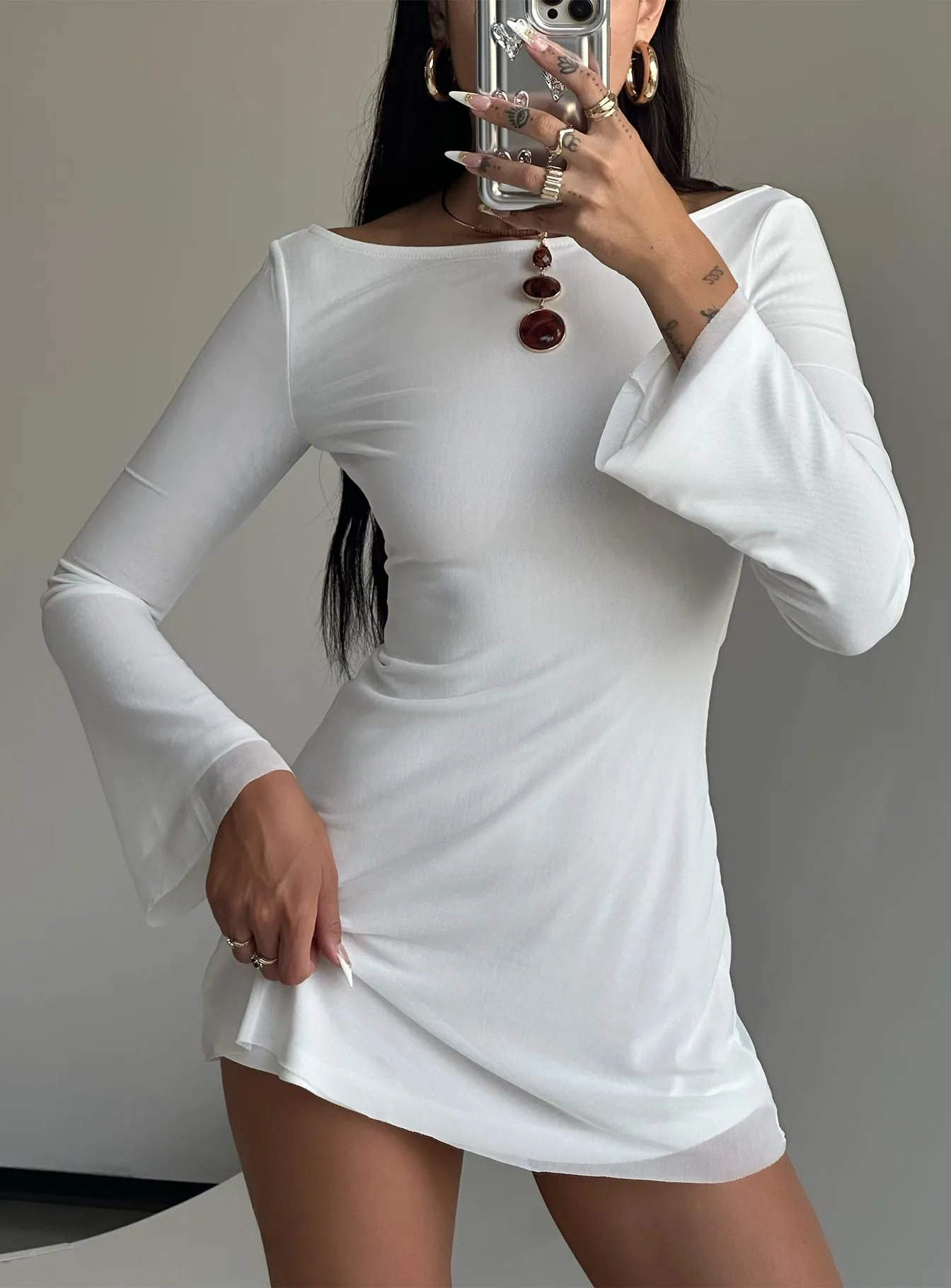 Lukea Long Sleeve Mini Dress White Petite Satin-Finish