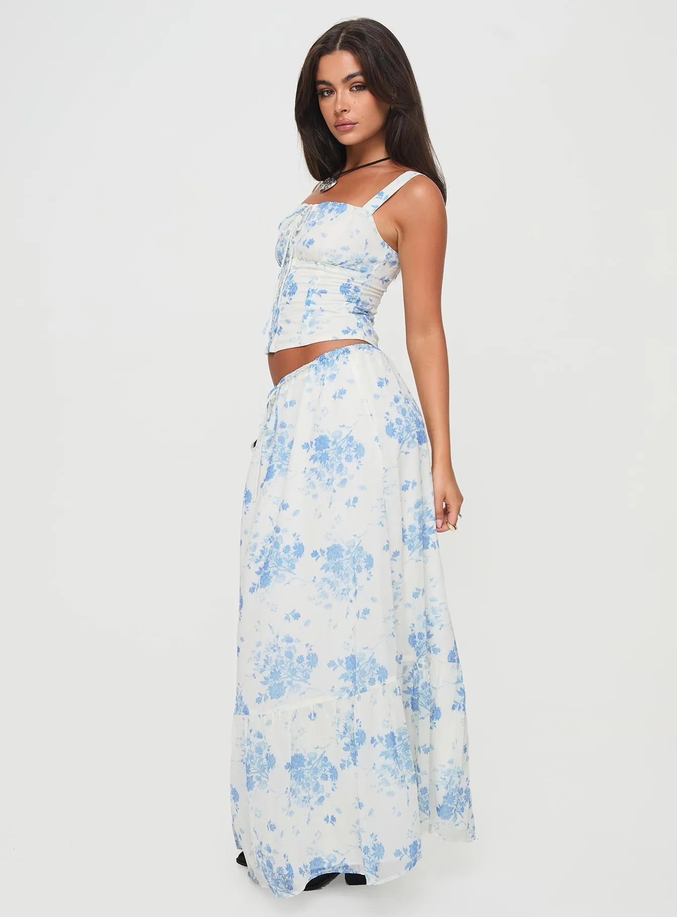 Fresh Aesthetic Modern Girl Maxi Skirt White / Blue Floral