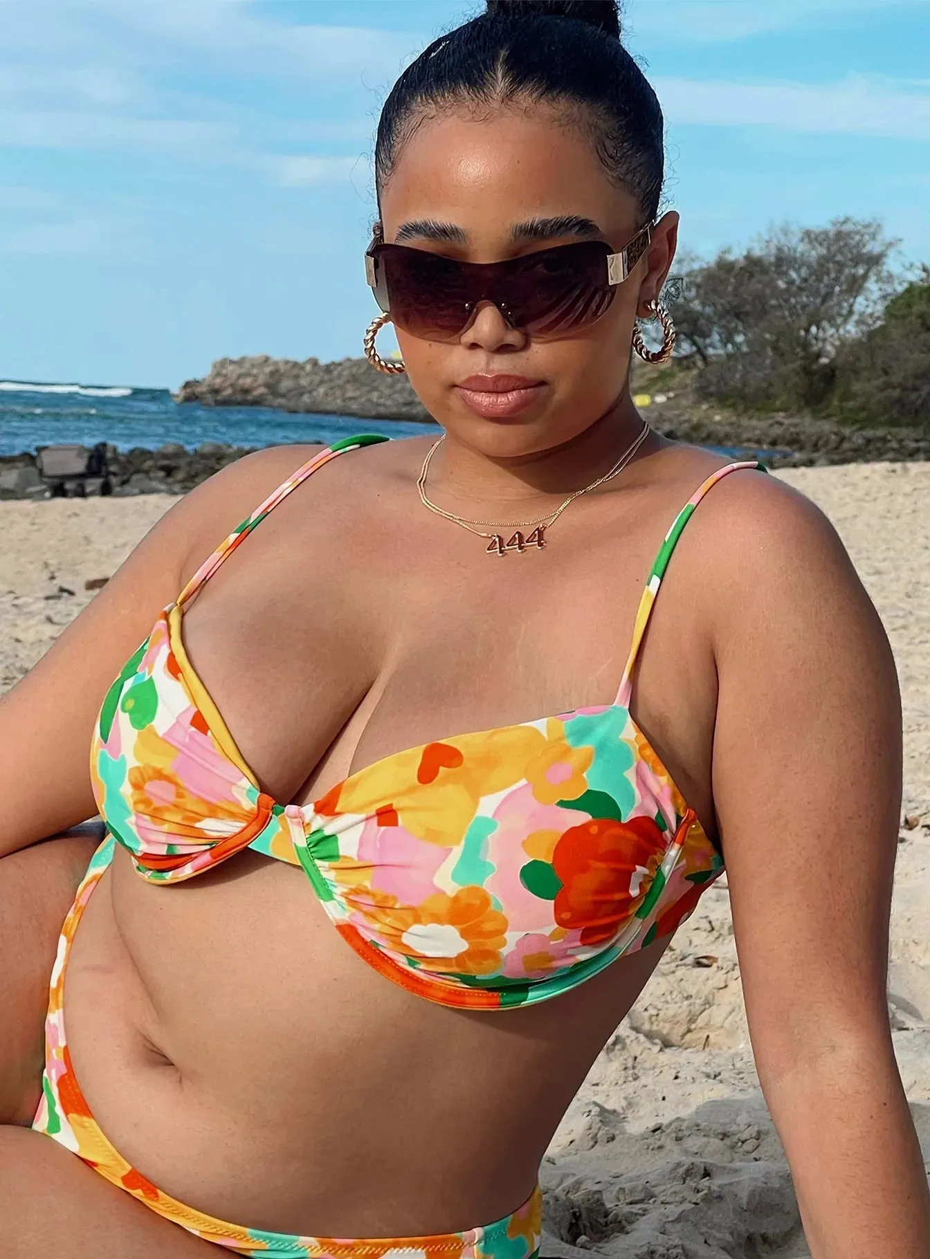 Coastal-Style Ellie Eco Nylon Bikini Top Yellow Floral Curve