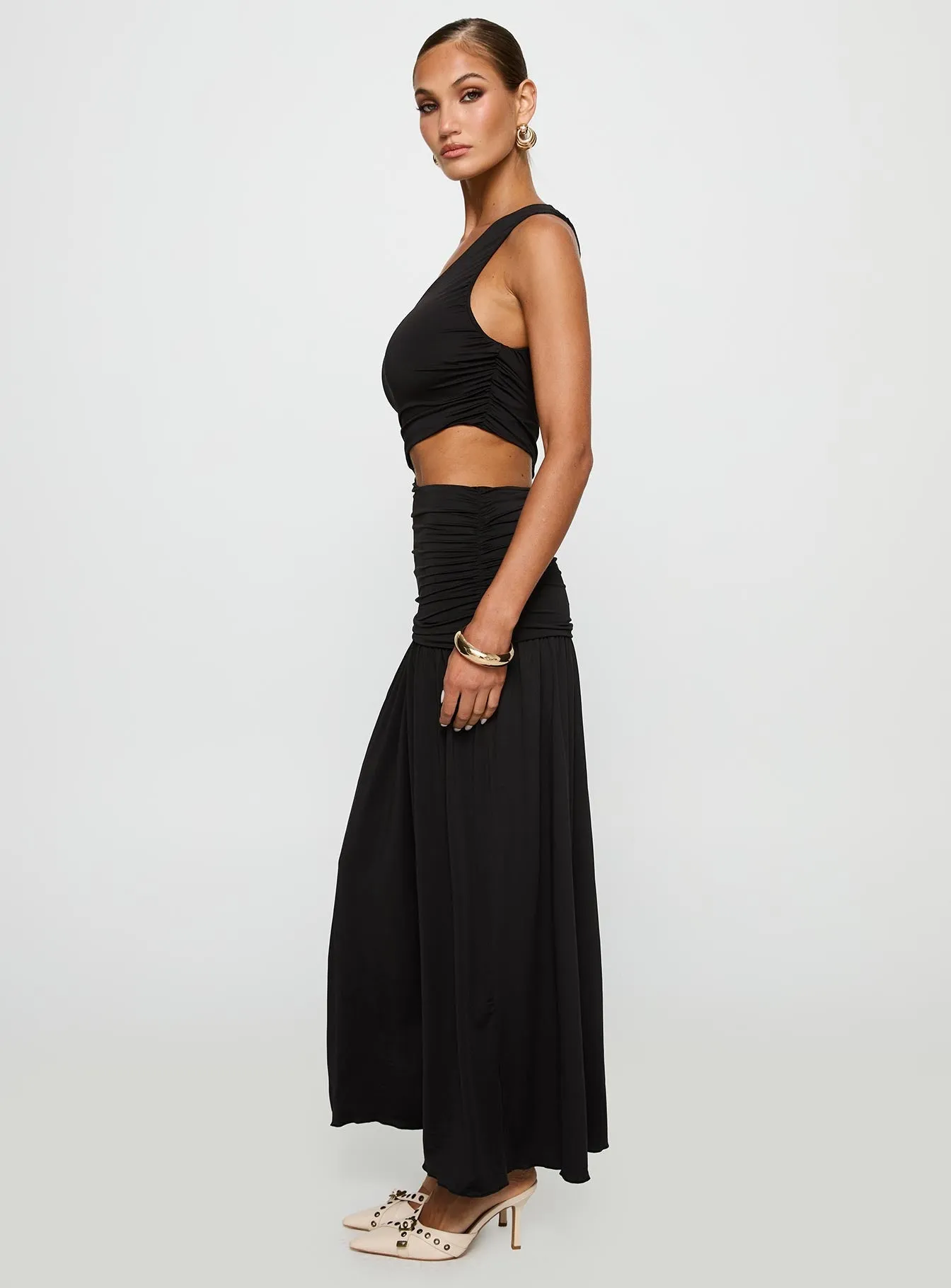 Satin-Finish Magnetize Ruched Maxi Dress Black