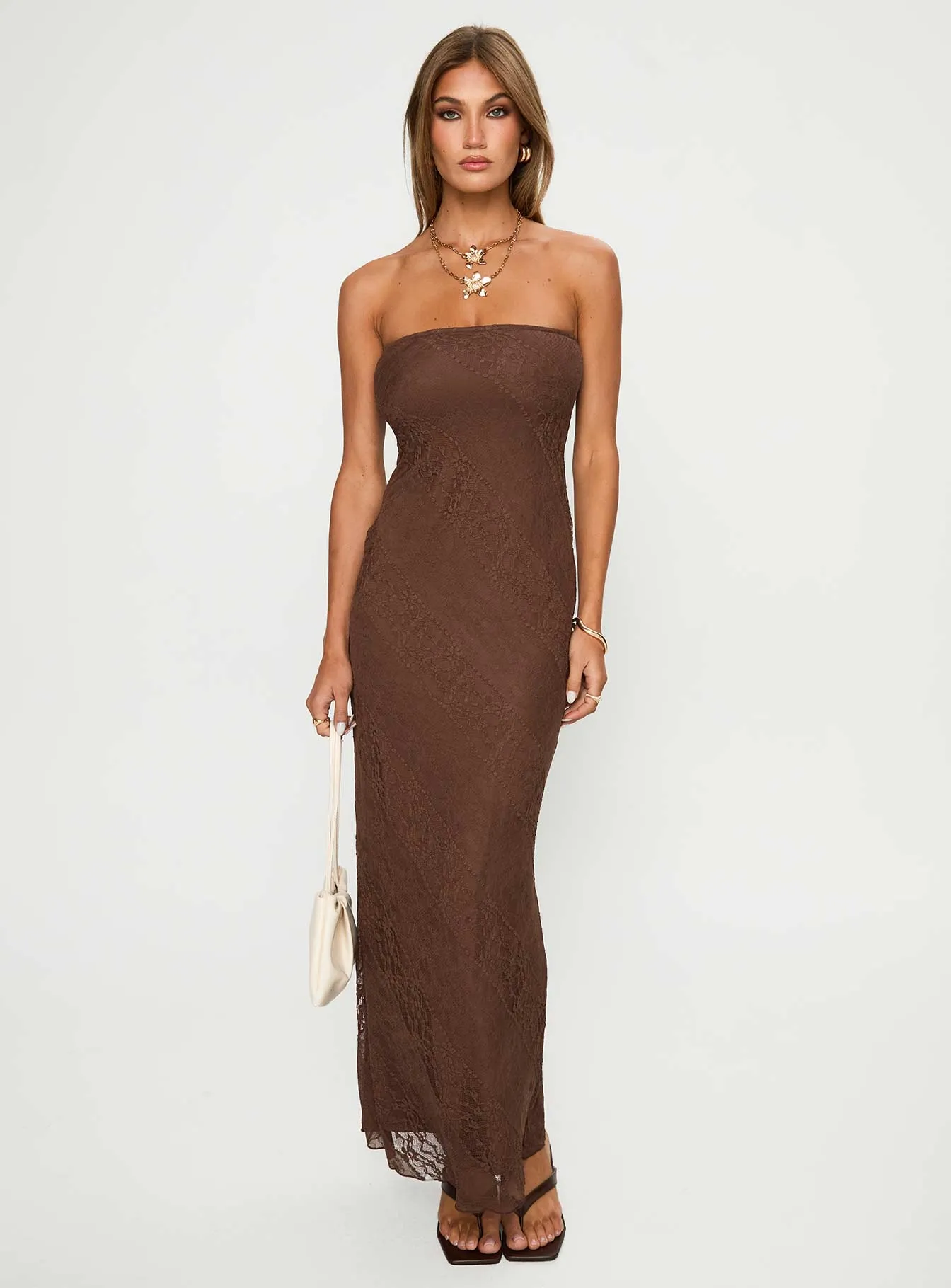 Lightweight-Comfort Majorca Strapless Lace Maxi Dress Chocolate