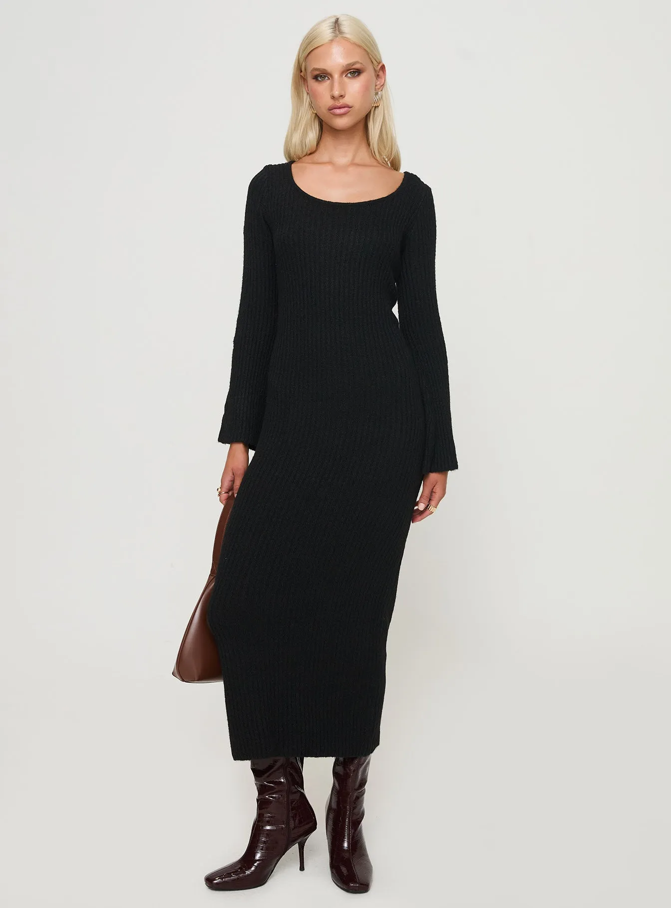 Hidden Pocket Timeless Layering Malletti Long Sleeve Maxi Dress Black