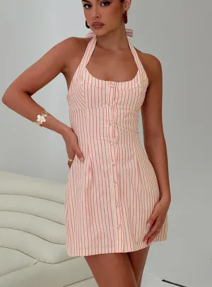 Mallorie Halter Mini Dress Pink Stripe Soft cotton dress Sophisticated Waistband Fit