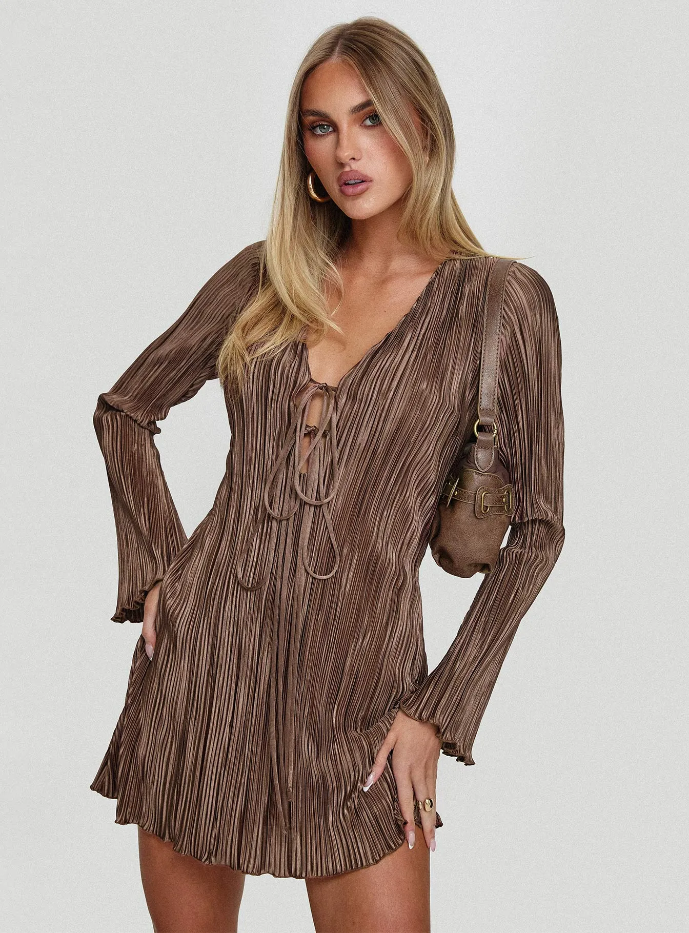 Malop Long Sleeve Mini Dress Chocolate Smooth Finish