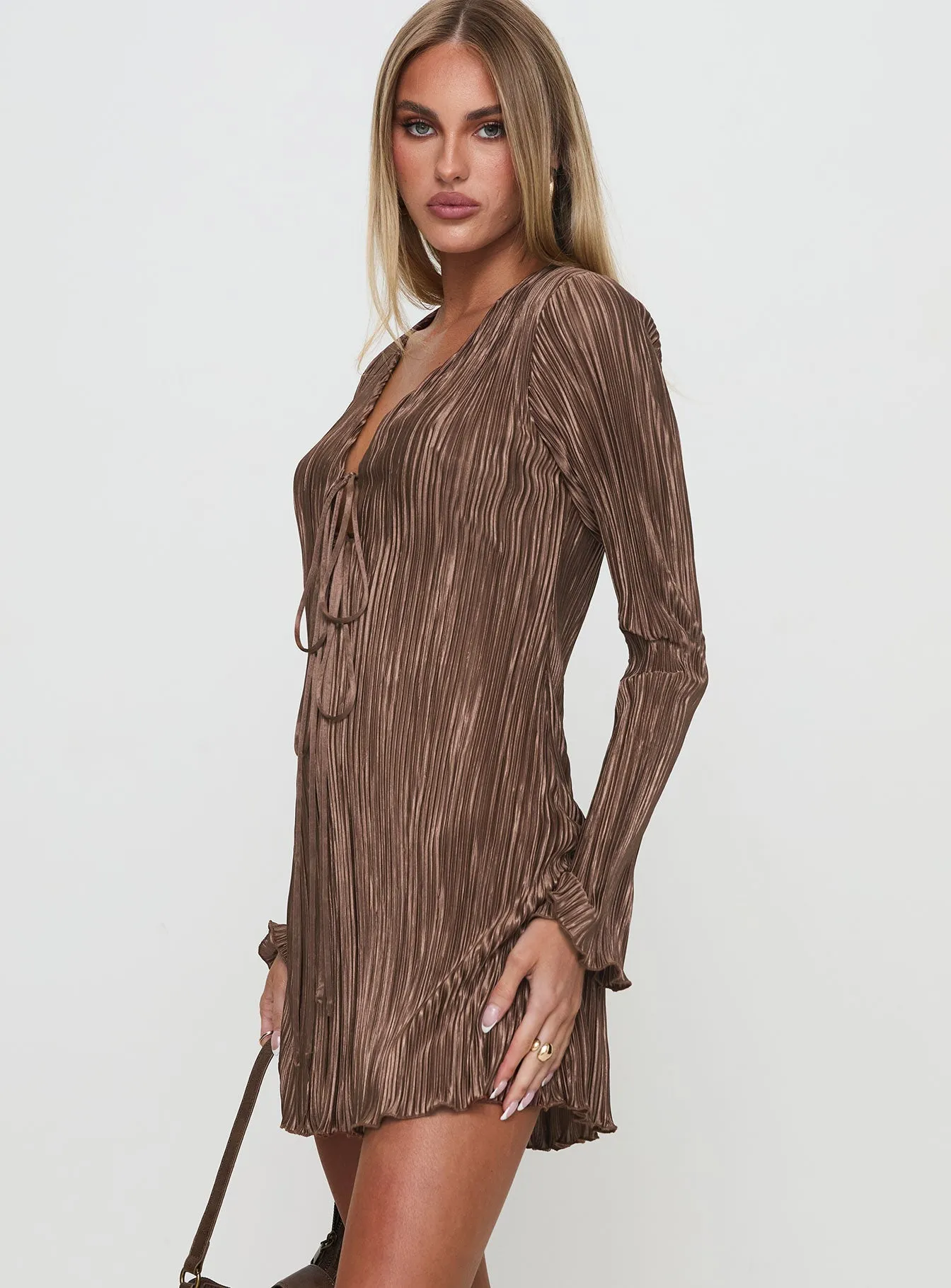 Malop Long Sleeve Mini Dress Chocolate Comfortable Silhouette