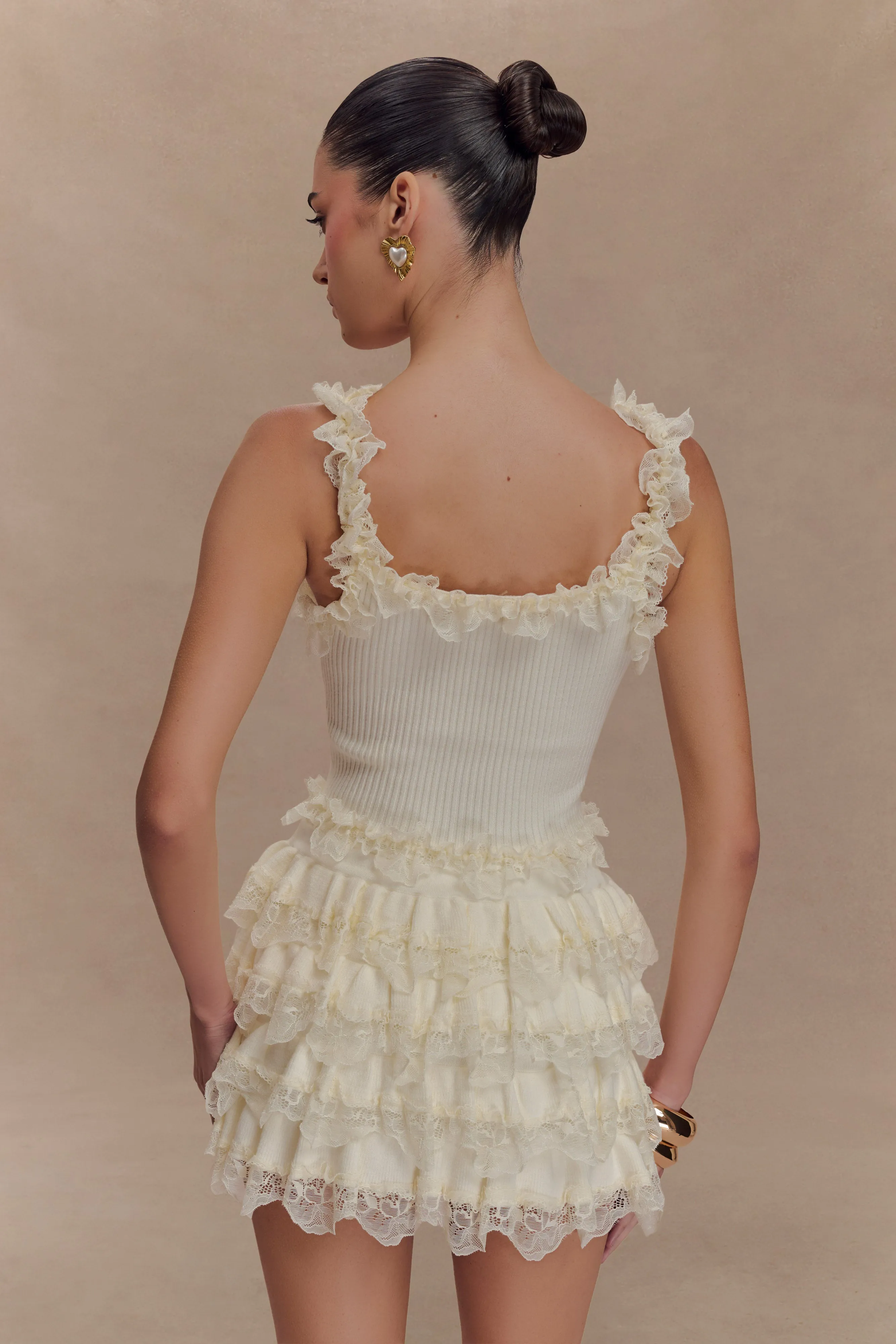 Soft touch finish nylon blend Margaret Lace Ruffle Mini Skort - Cream