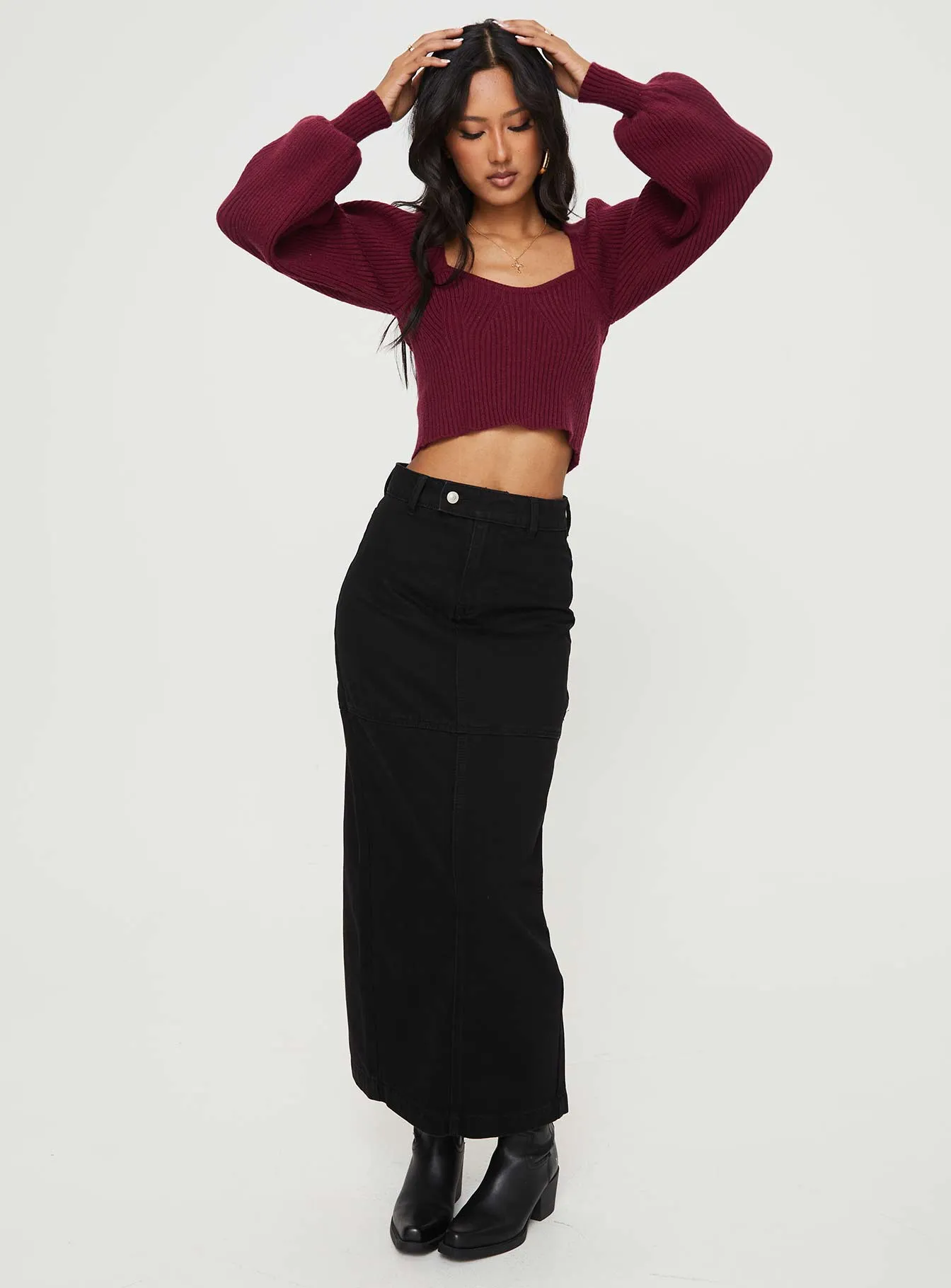 Markanna Denim Midi Skirt Black ruffle trim