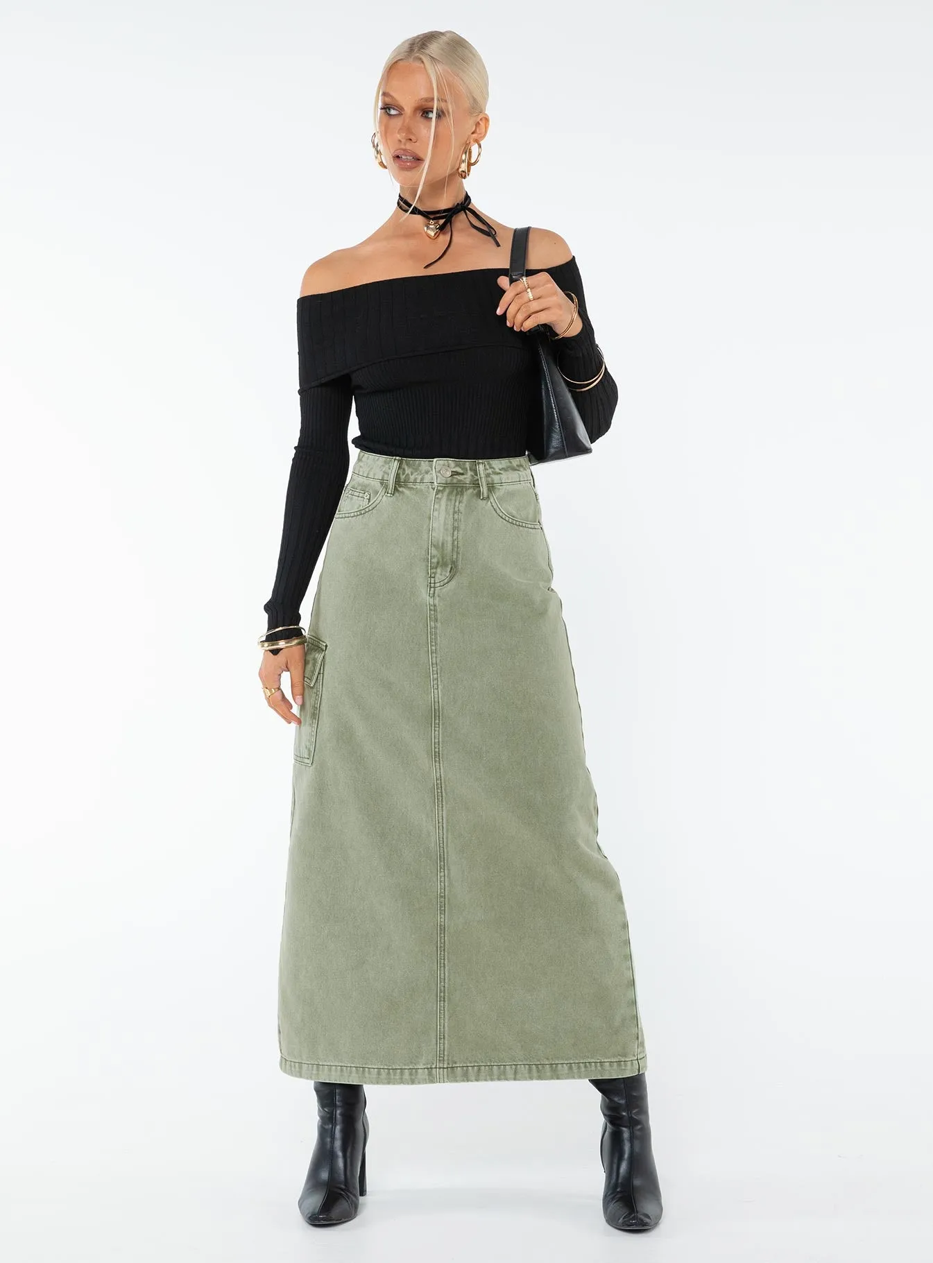 Road Trip Polished Cut Mcguane Denim Midi Skirt Green