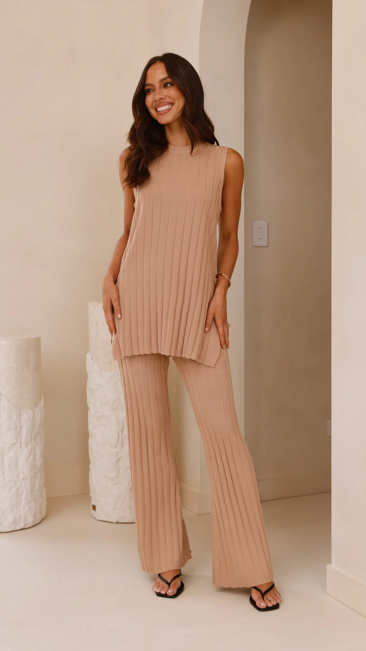 Interlock Ribbed Collar ShapeRetention Fabric Megan Knit Pants - Camel