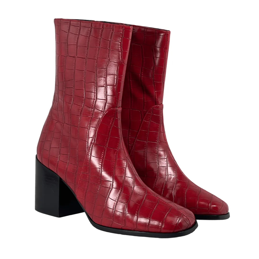 'Menos' vegan mid-calf boot by Zette Shoes - red croc Protective Finish Functional Minimalist Enhanced grip