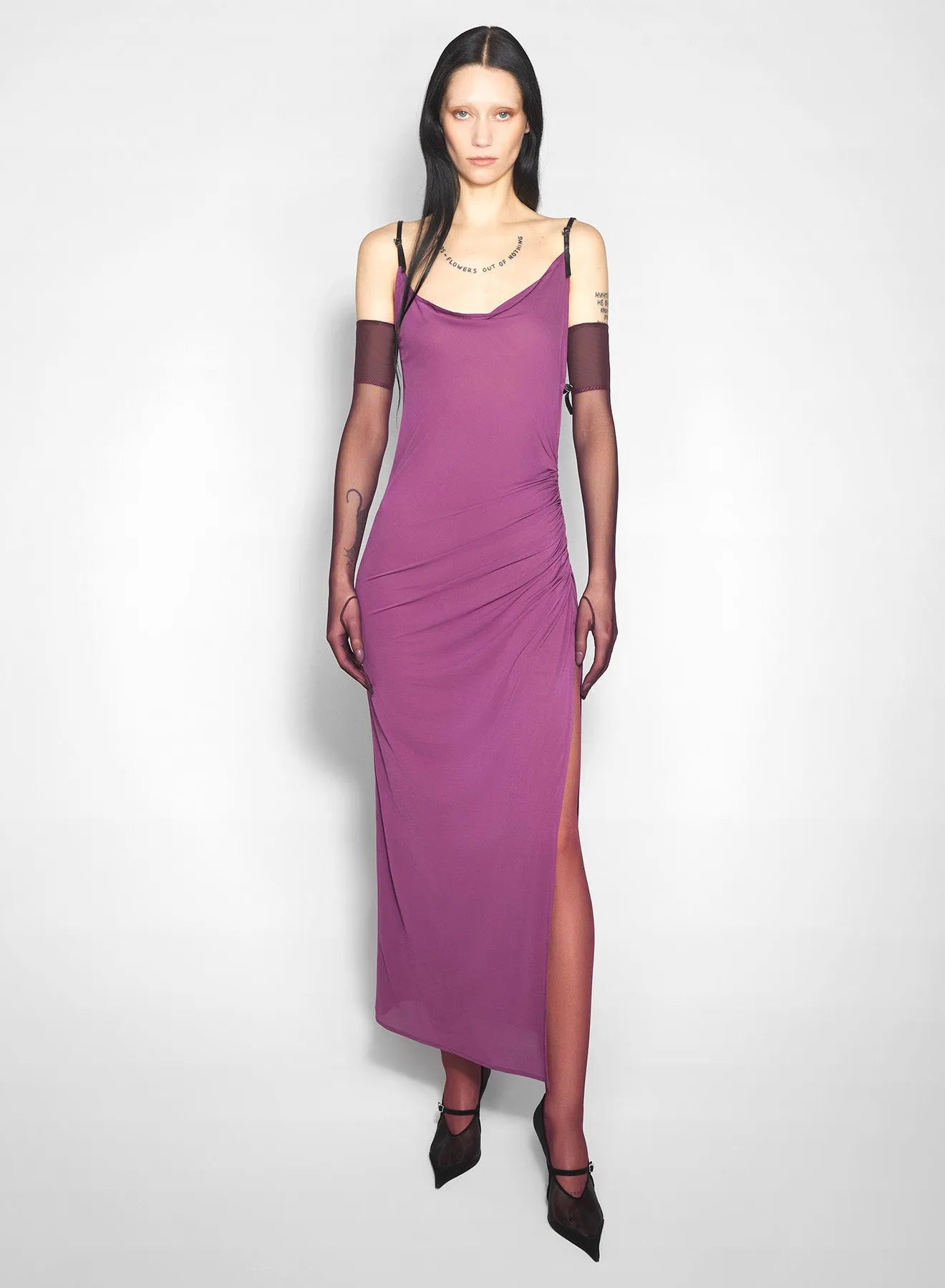 Shape Hug Vibrant color purple asymmetrical buckled strap dress