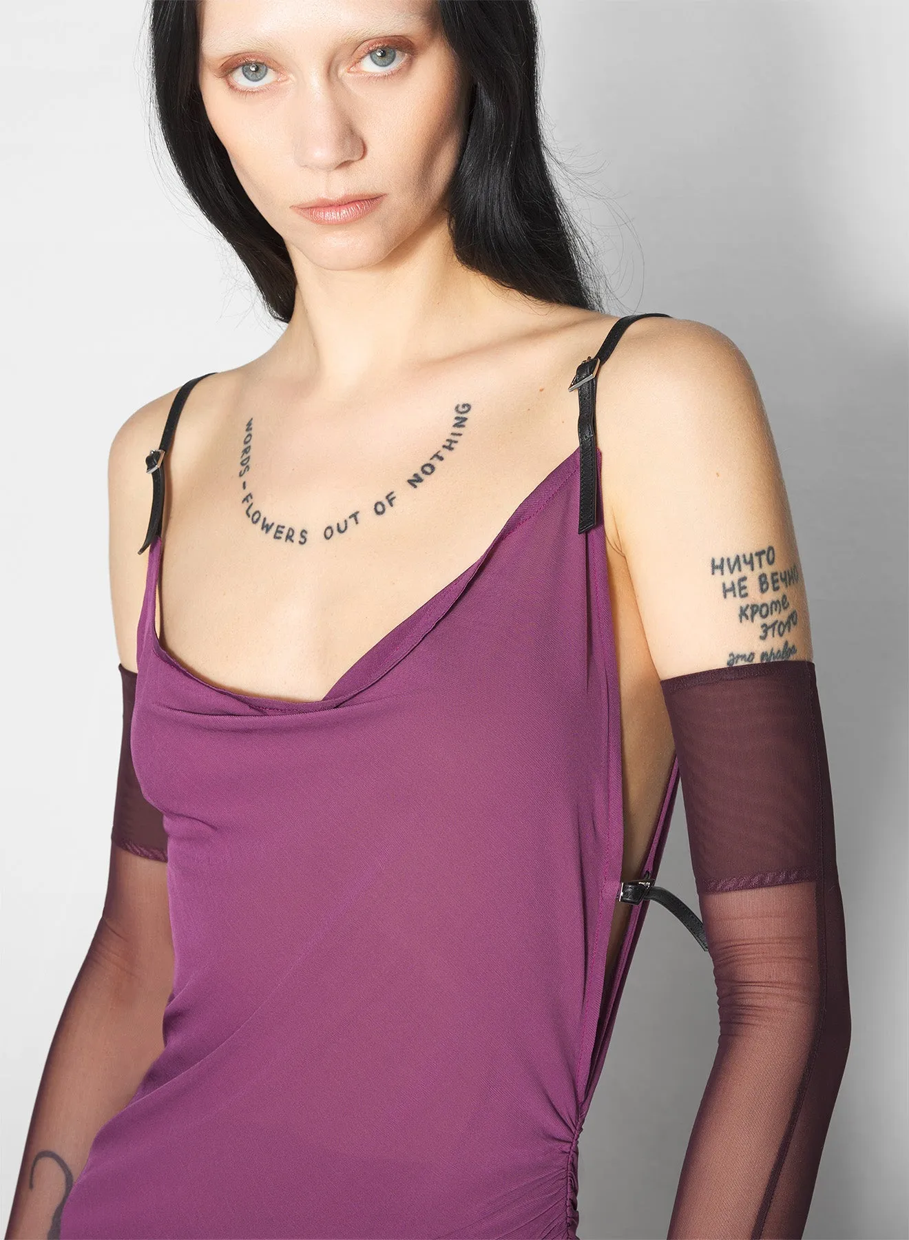 purple asymmetrical buckled strap dress Semi Sheer Travel Edge