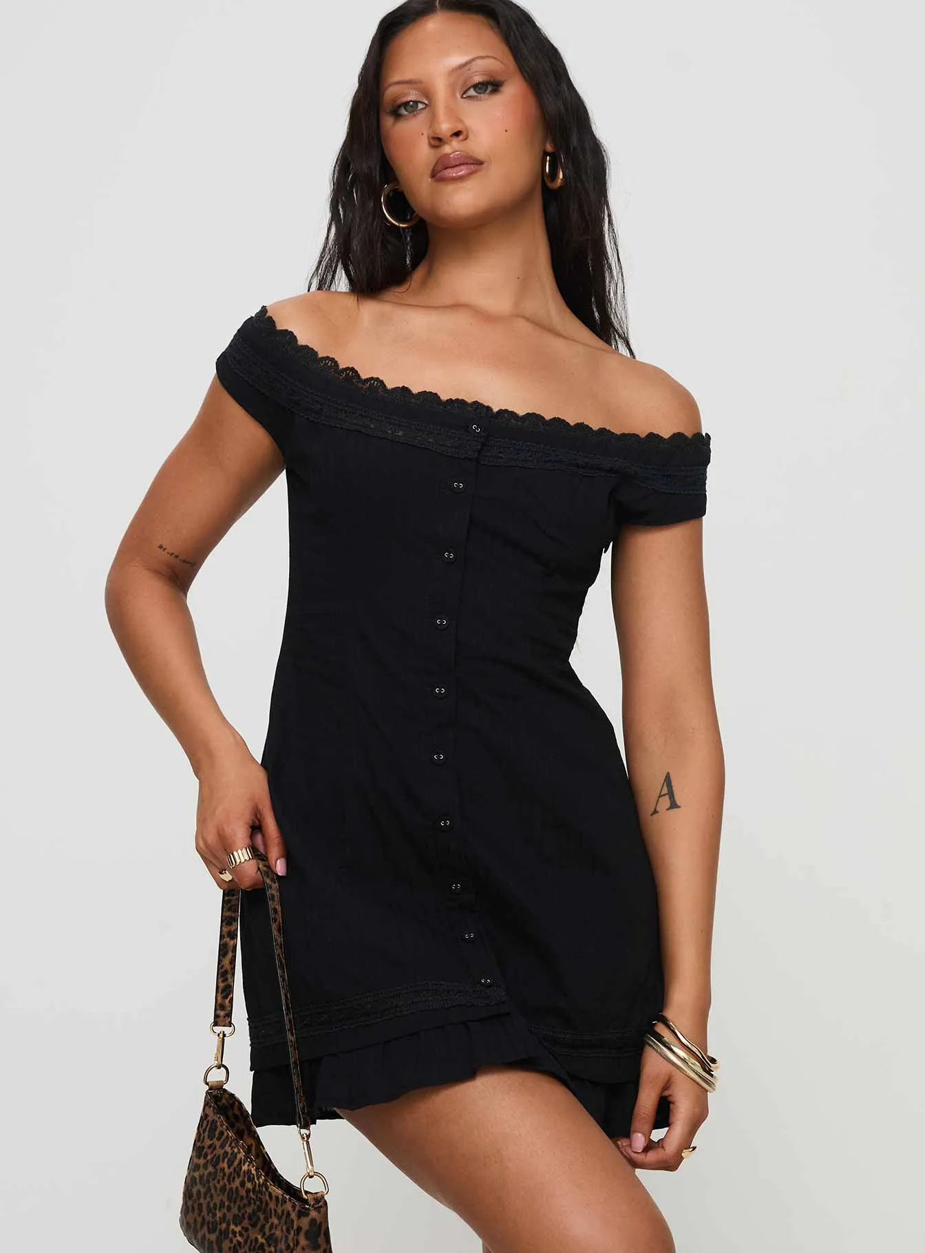 Functional Style Dreamy Look Mirrorball Off The Shoulder Mini Dress Black