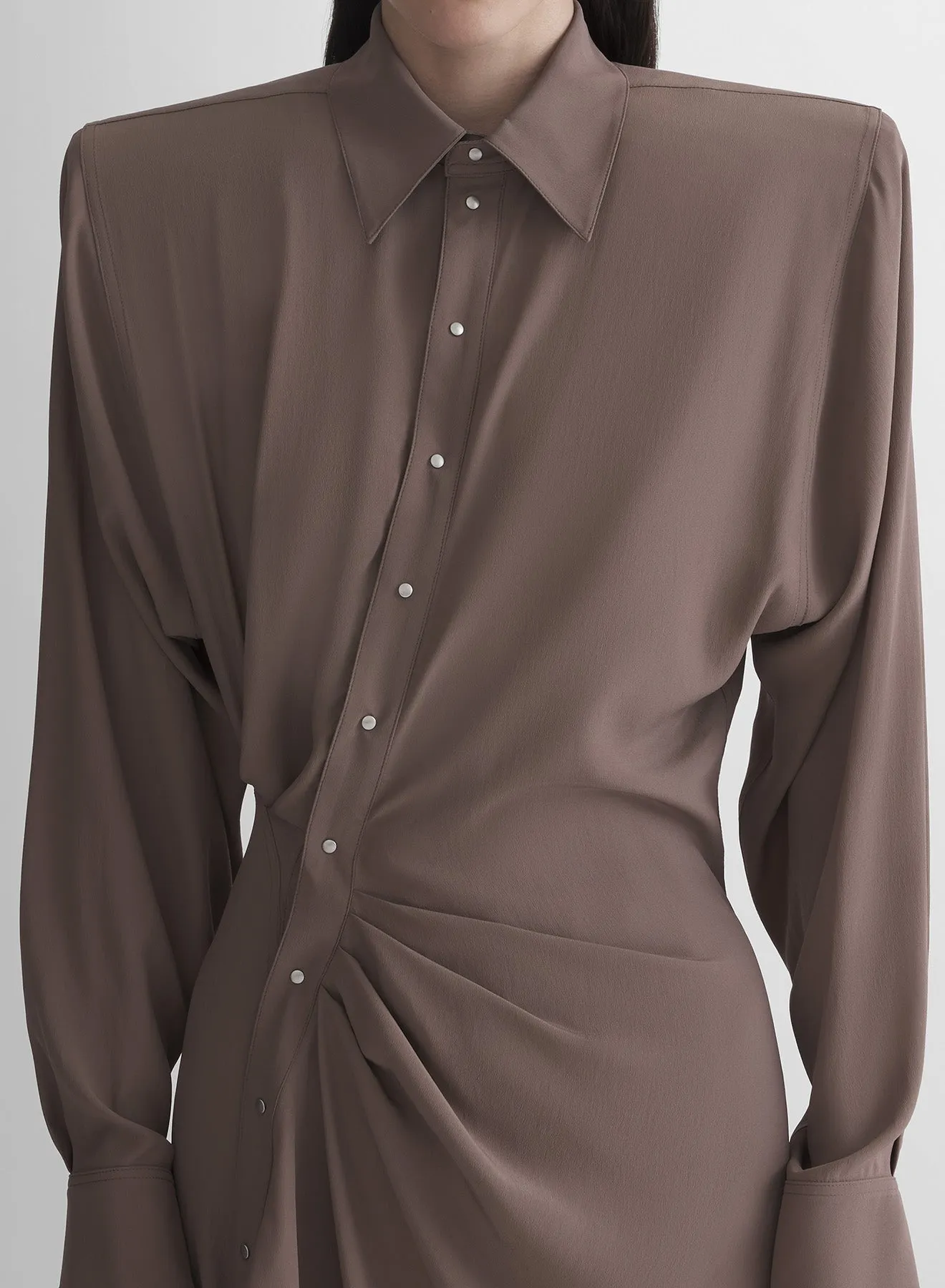 mocha asymmetric shirt dress custom-fit