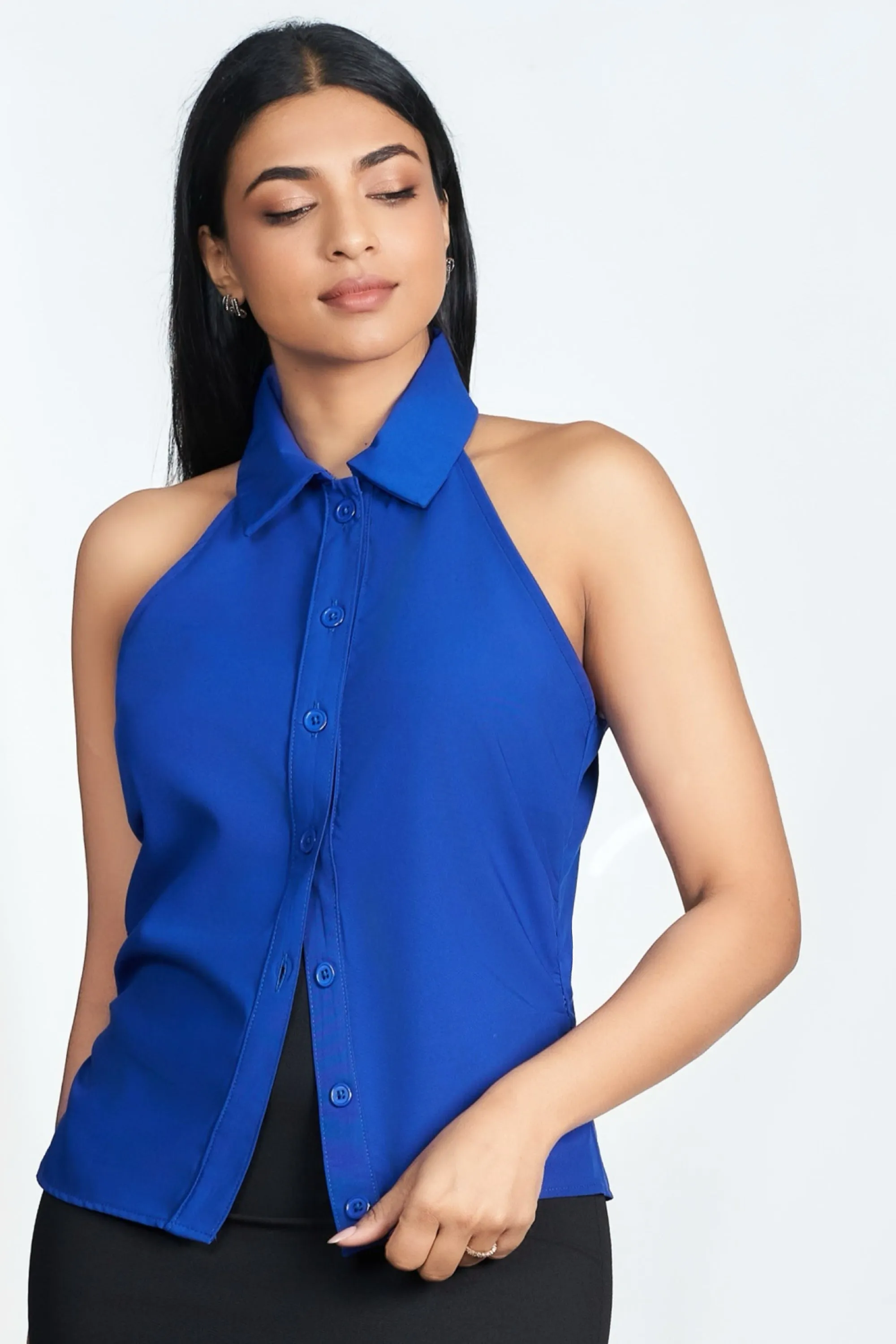 Collared formality Blue Sleeveless Shirt