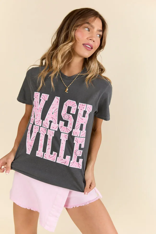 Nashville Block Bandana Printed Dark Grey Graphic Tee Holiday Casual Oversized Silhouette