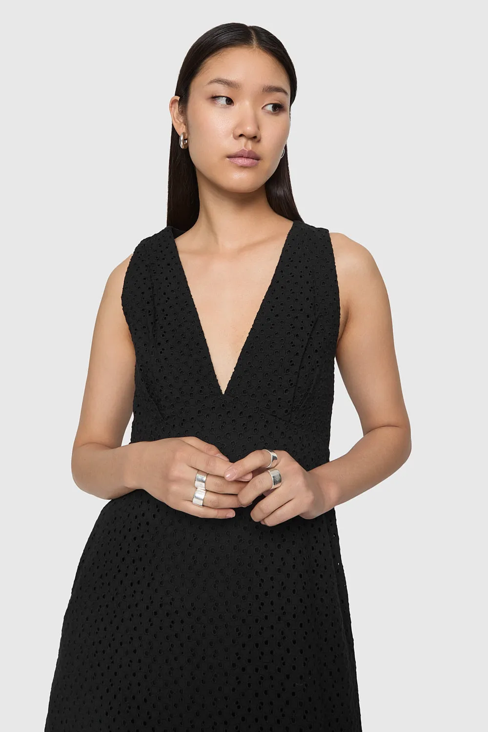 Crinkle Effect Pure Color Naya Eyelet Dress