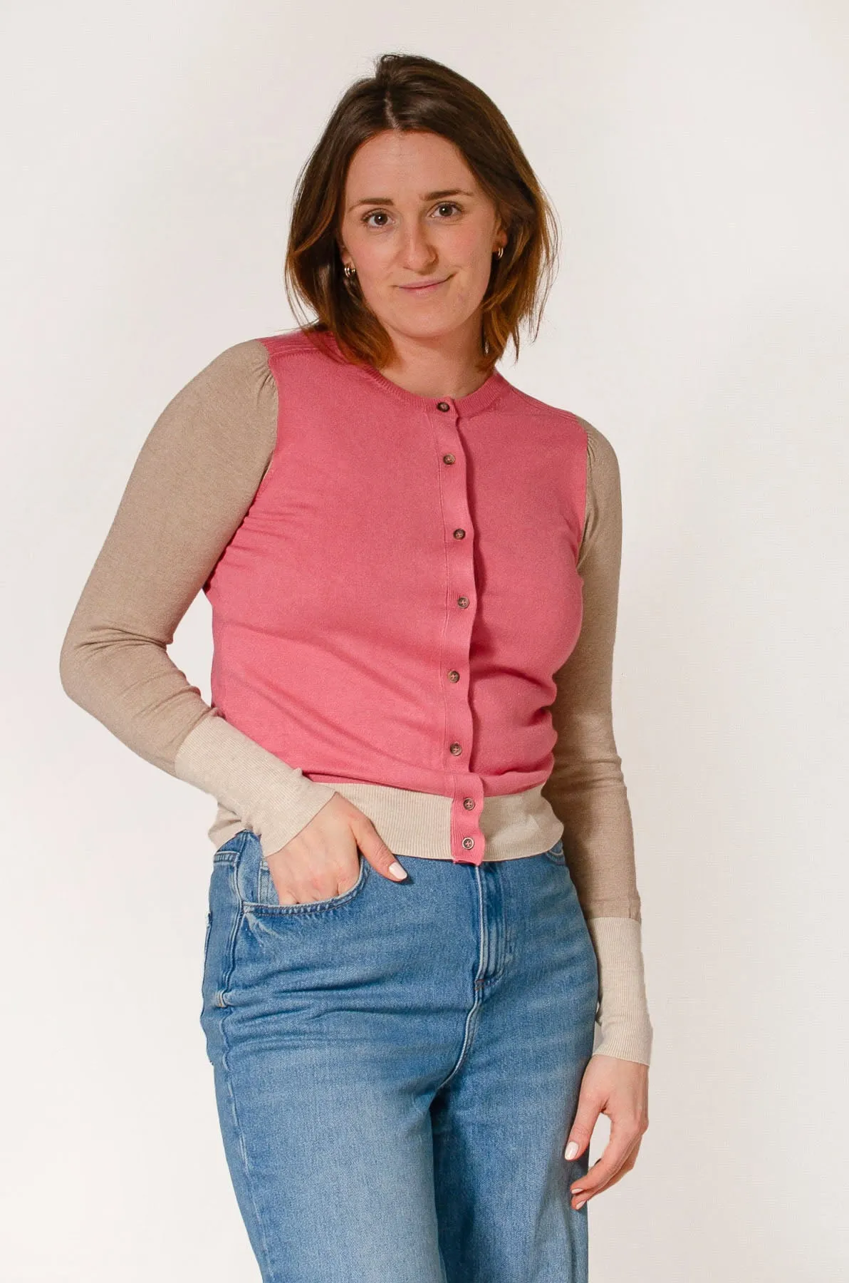 Fine Knit Block Colour Cardigan High Thread Count Recycled Polyester Blend