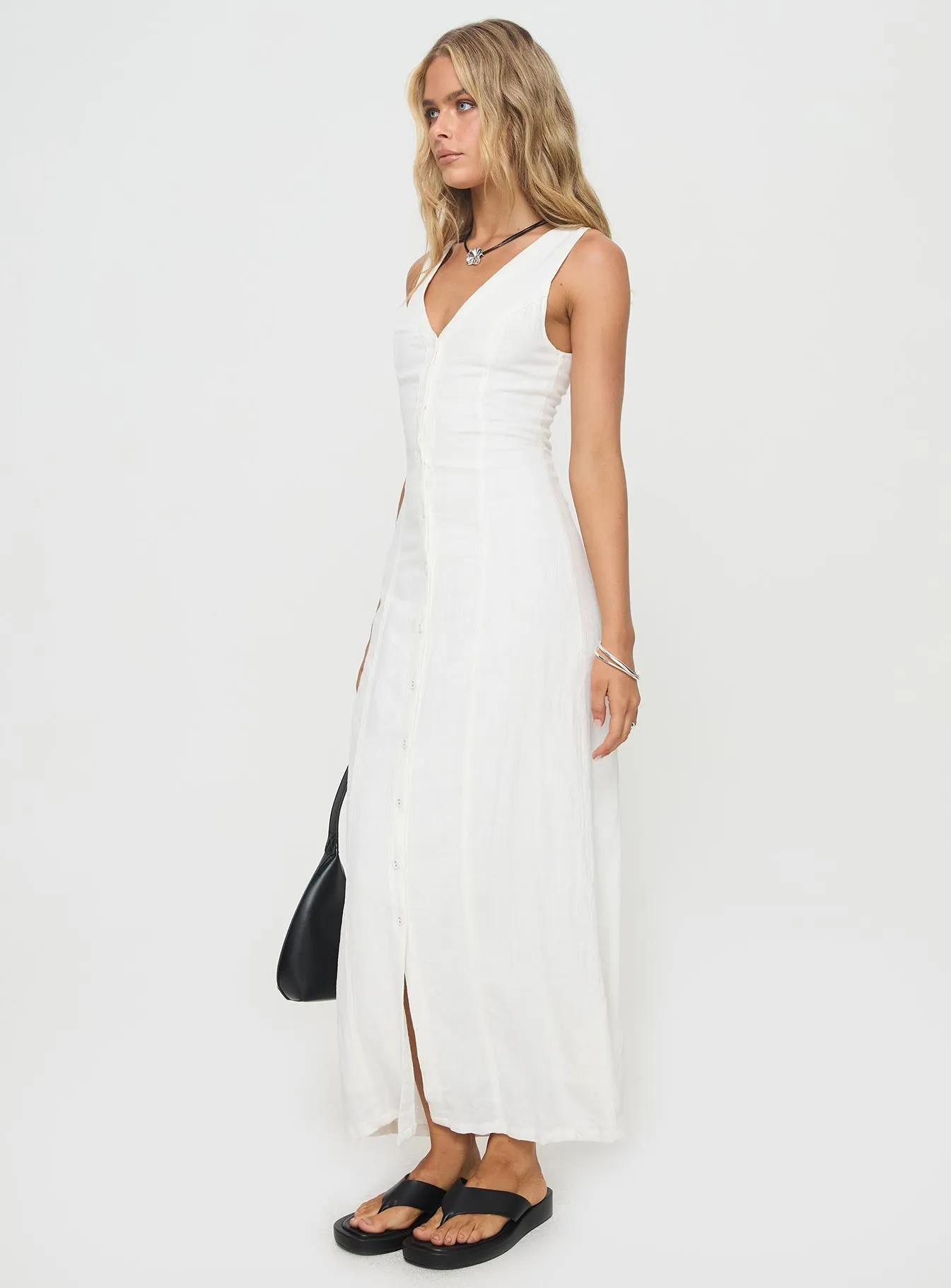 Calm Texture Work Flex Summer Season Linen Blend Maxi Dress White Petite