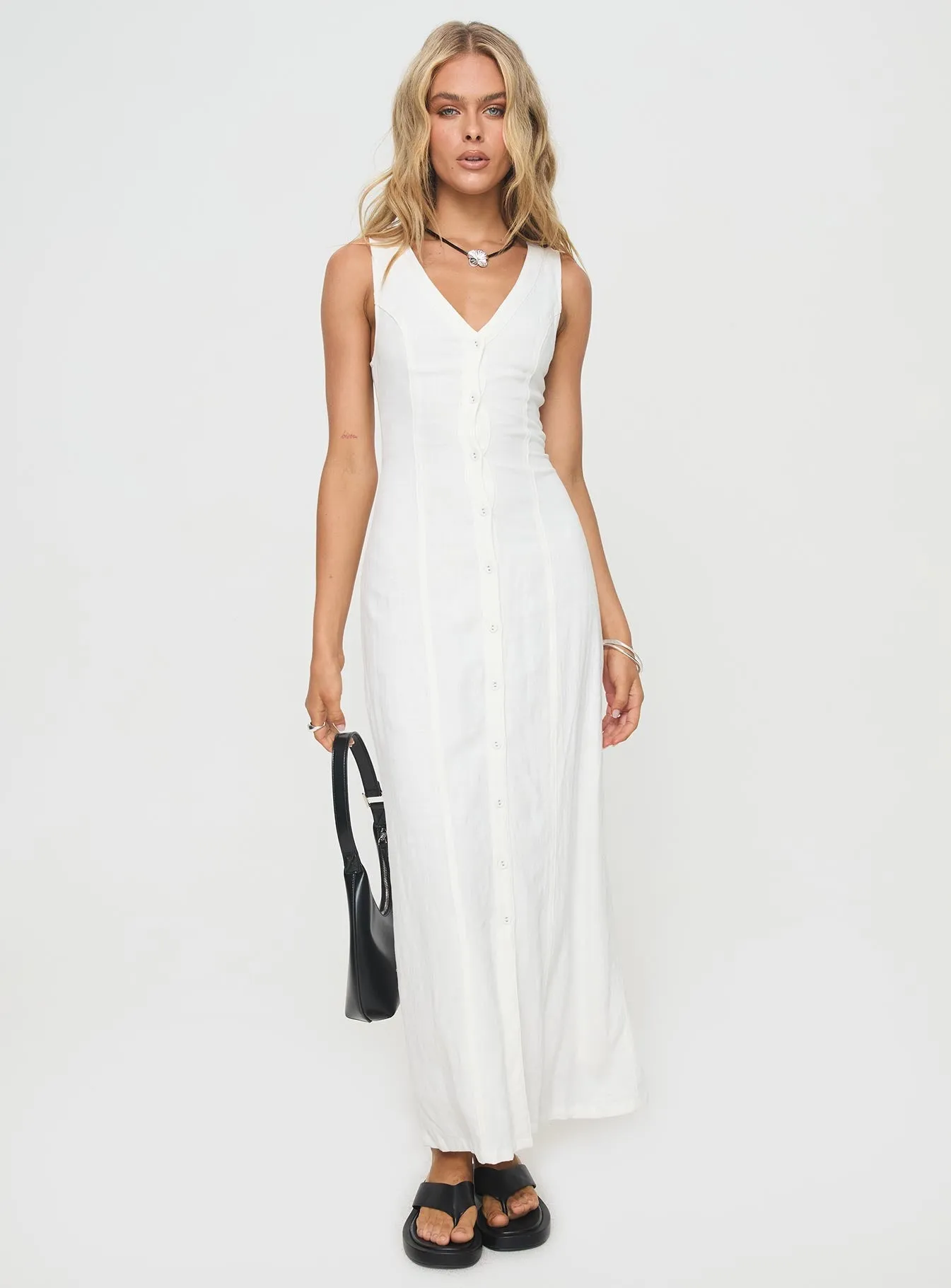 Perfectly Crafted Subtle Look Summer Season Linen Blend Maxi Dress White Petite