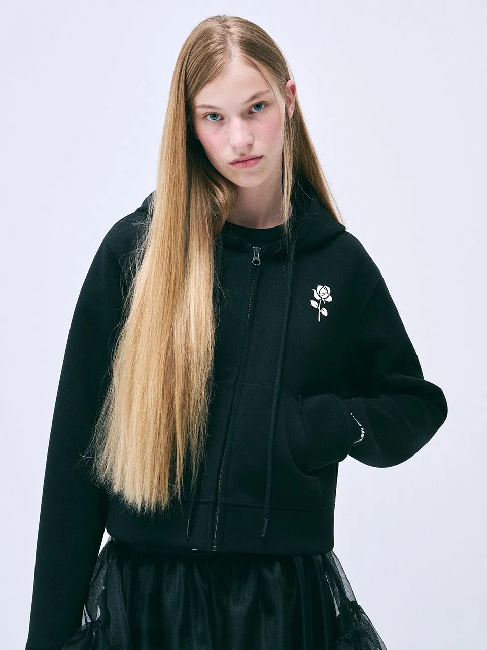 NEOPRENE CROPPED HOODY ZIP UP UNE ROSE_BLACK IVORY MoistureWickingTechnology Windproof Insulated Coat