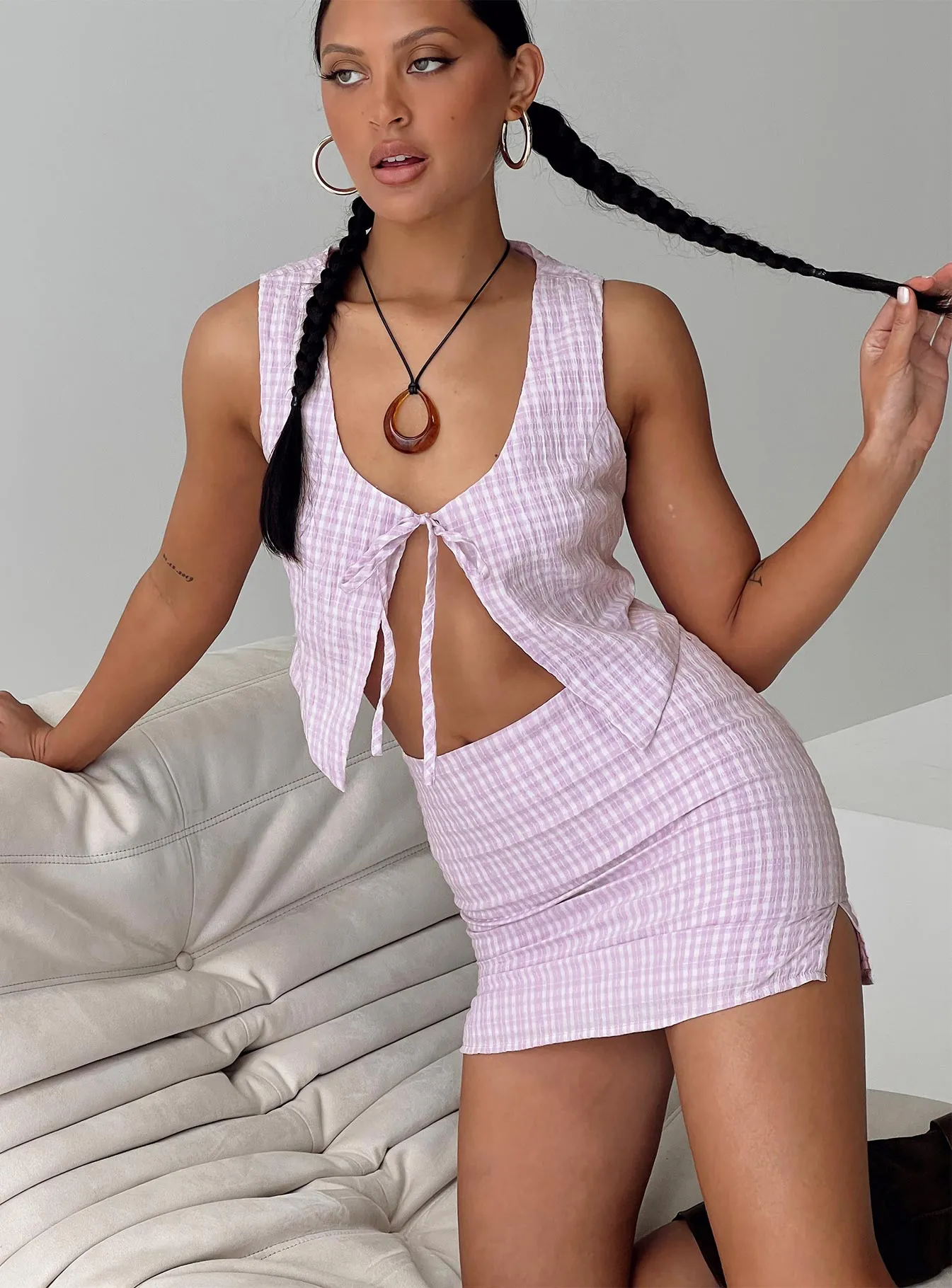 Mulberry Gingham Set Purple High Waist