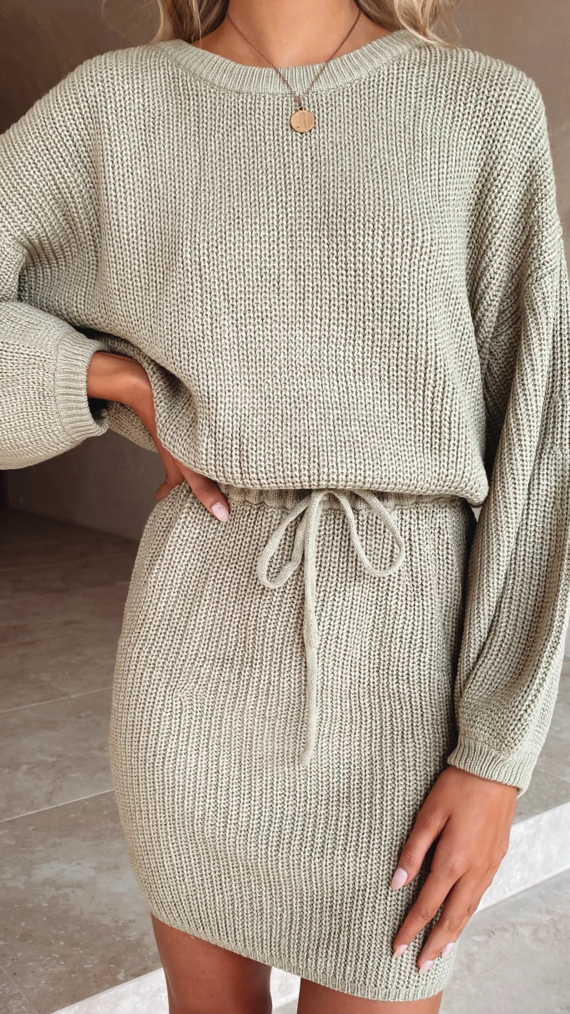 AntiStatic Coating Under Jacket Feya Knit Mini Dress - Olive