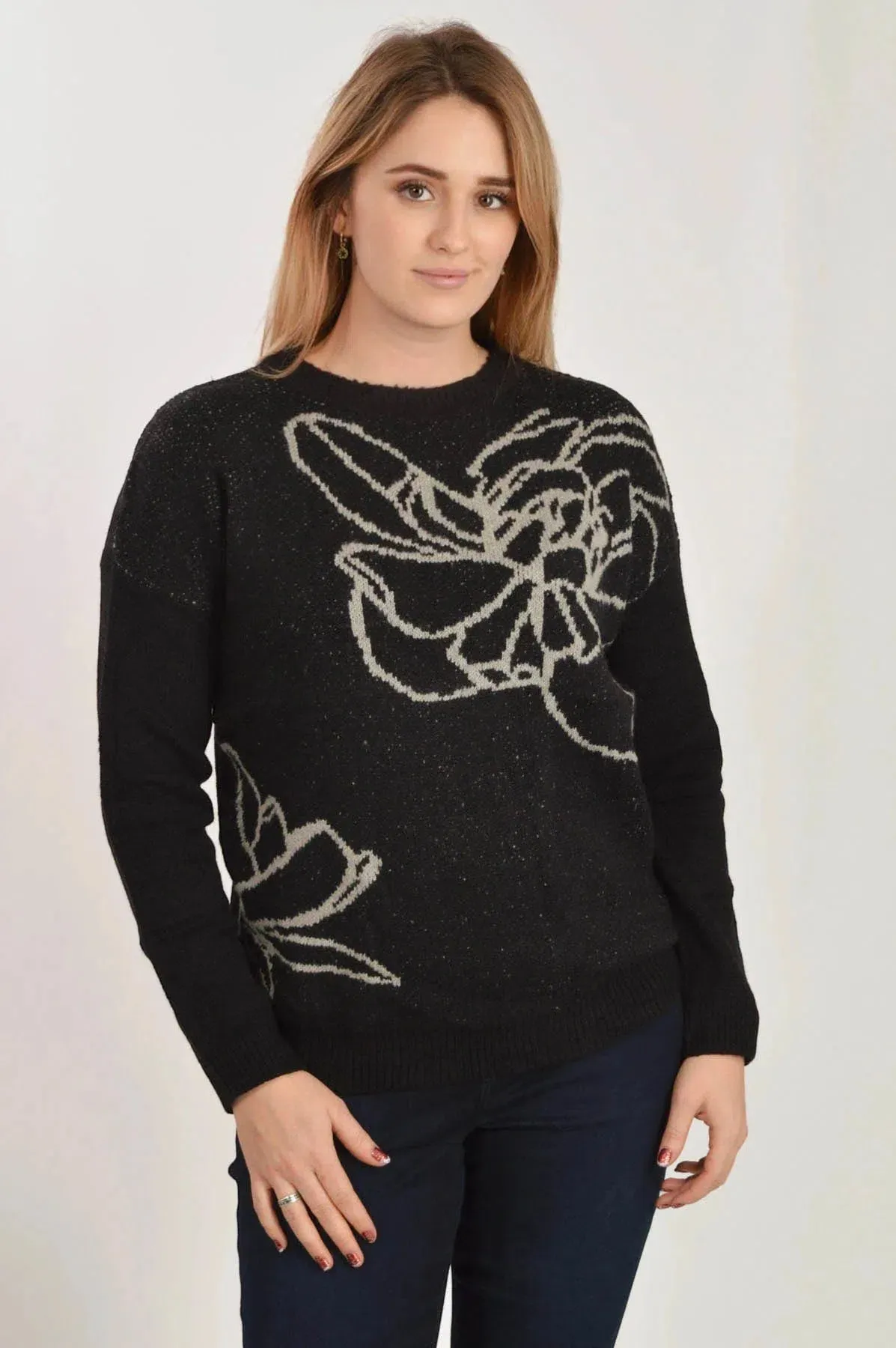 Casual Draping Stretchable Material Floral Art Crew Neck Jumper
