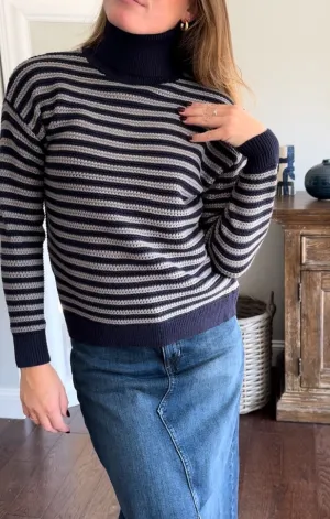 Short Texture Striped T-Neck Pullover Versatile Layer