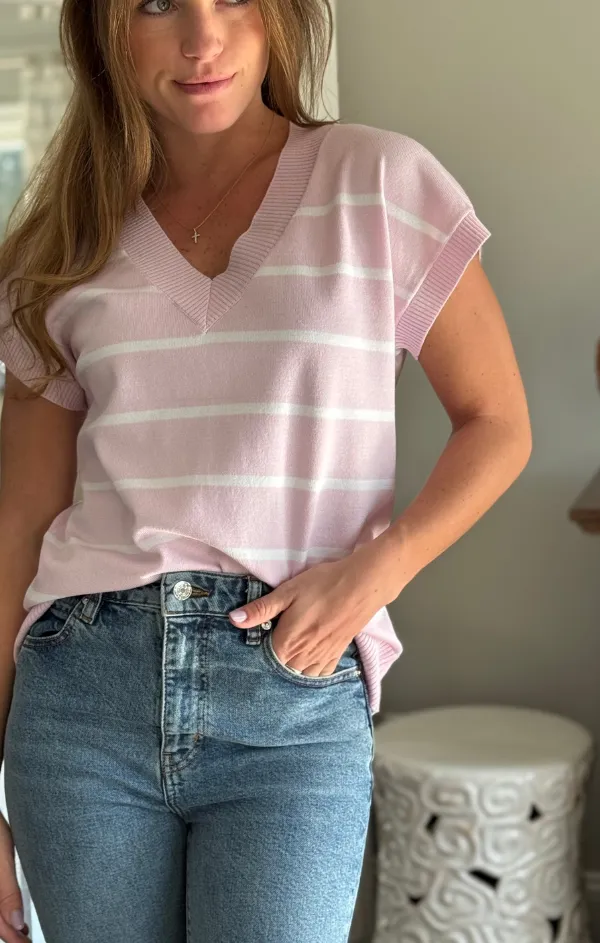 Lightweight Jersey Material Four Way Stretch Jasmine Striped V Neck Pullover