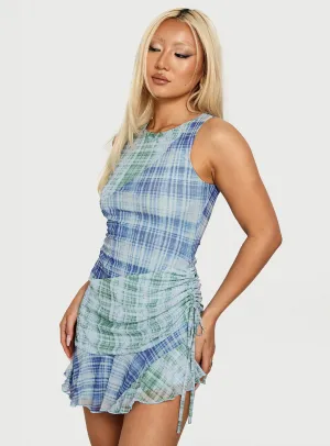 Casual weekend dress Timelapse Asymmetrical Splice Mini Dress Blue / Green Plaid