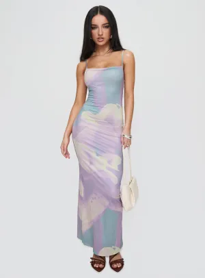 Norila Maxi Dress Slinky Orchid Petals Lilac Shiny Zip