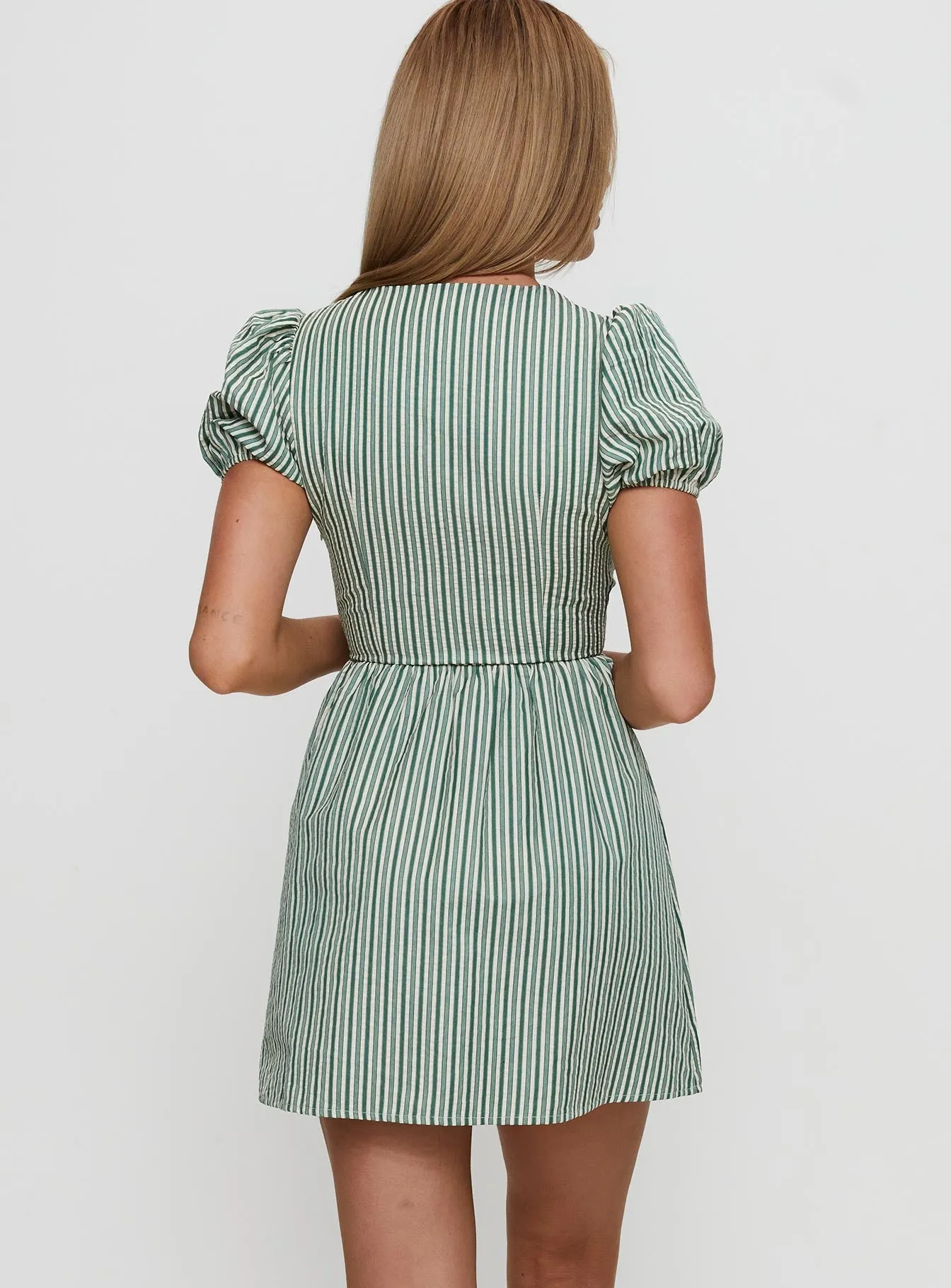 Nurture Bow Mini Dress Green Stripe Graceful Ease