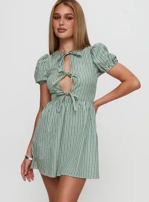 Nurture Bow Mini Dress Green Stripe Stream Cut