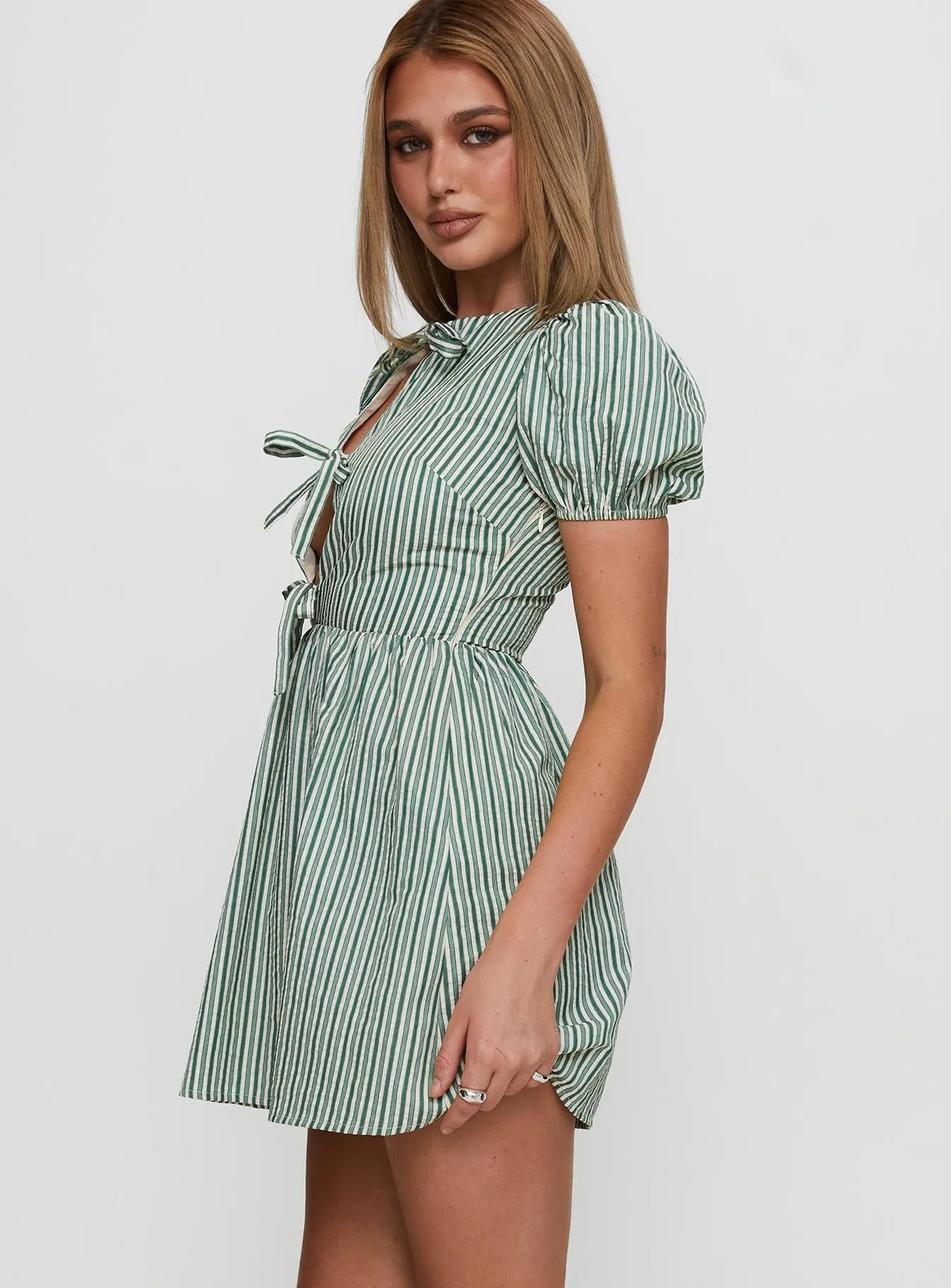 Lace Accent Nurture Bow Mini Dress Green Stripe