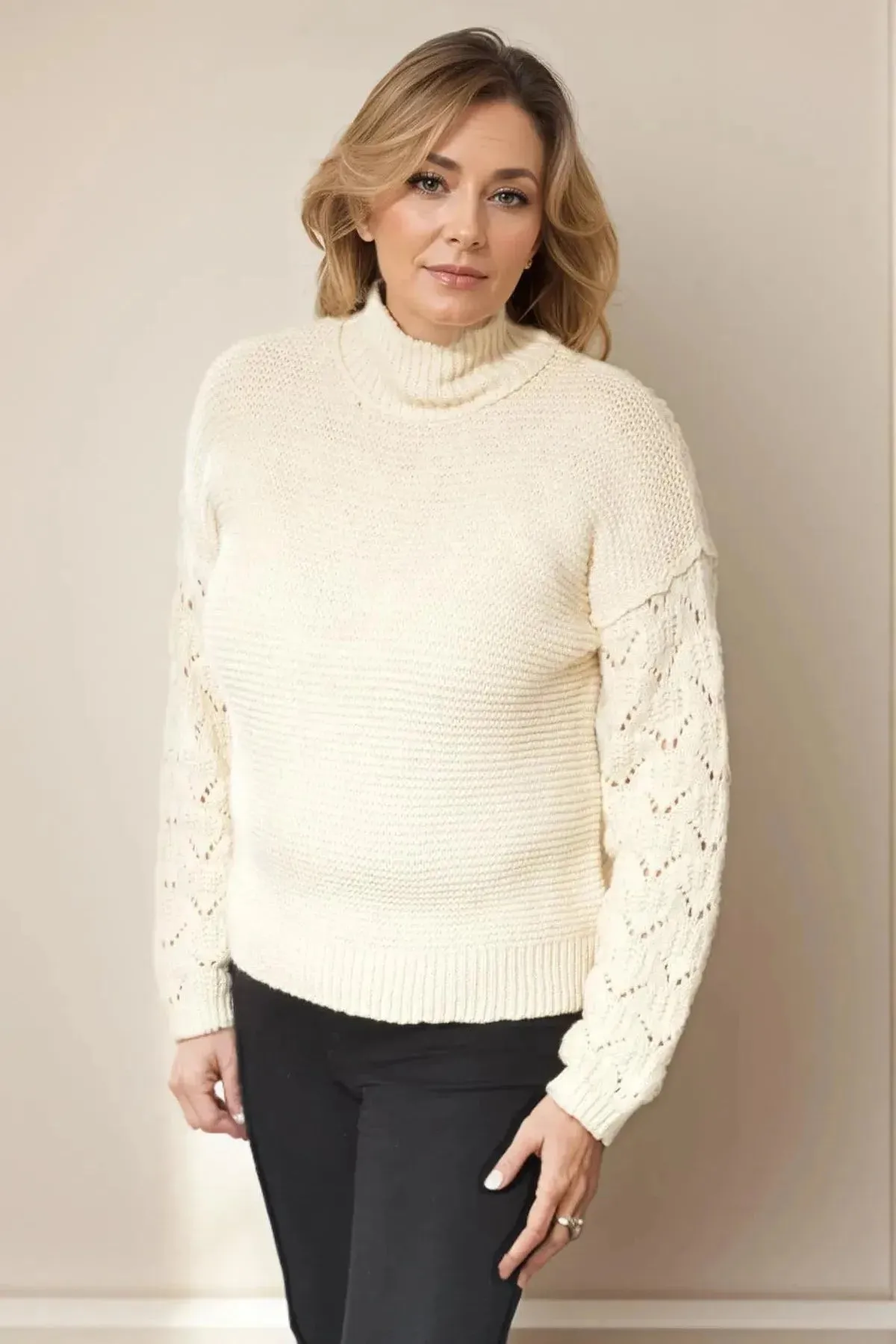 Layered Stitch Detail Ribbed Knit Crochet Sleeve Jumper