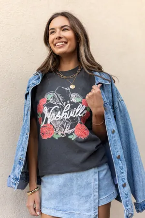 Nashville Vintage Rose Dark Grey Graphic Tee Stylish piece Layered Collar Structure