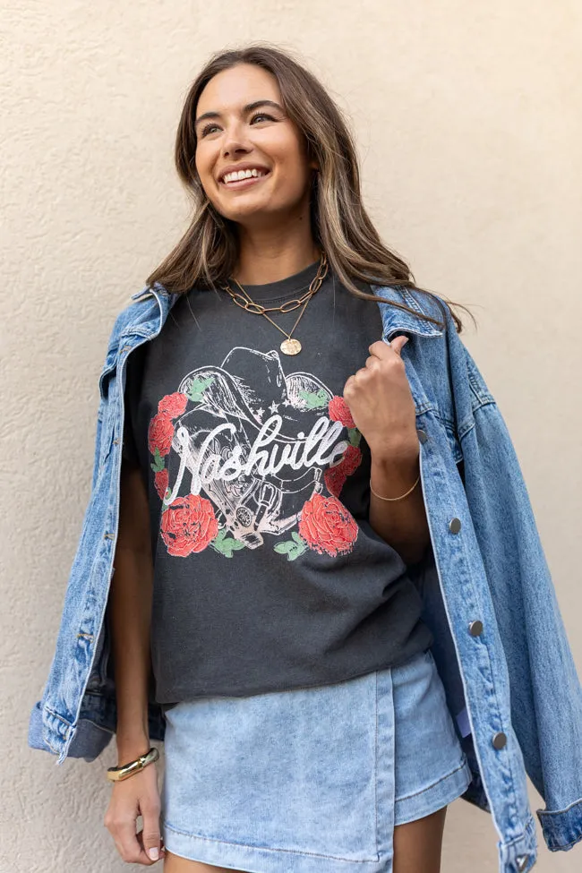 Nashville Vintage Rose Dark Grey Graphic Tee Stylish piece Layered Collar Structure