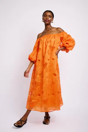 Relaxed Waist Fit Minimal Aesthetic Off the Shoulder Anglaise Dress in Coral