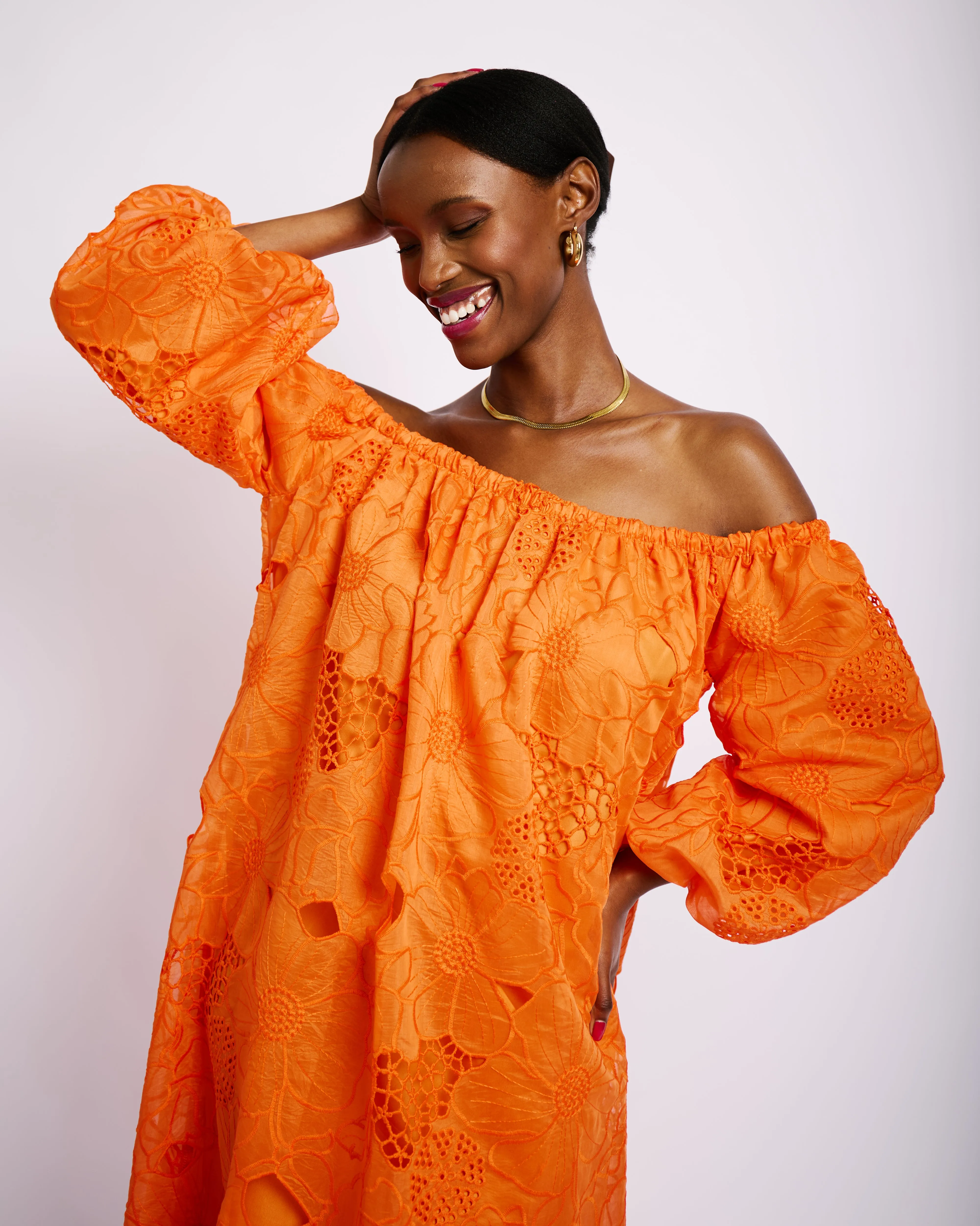 Cute Glow Perfect For Work Off the Shoulder Anglaise Dress in Coral